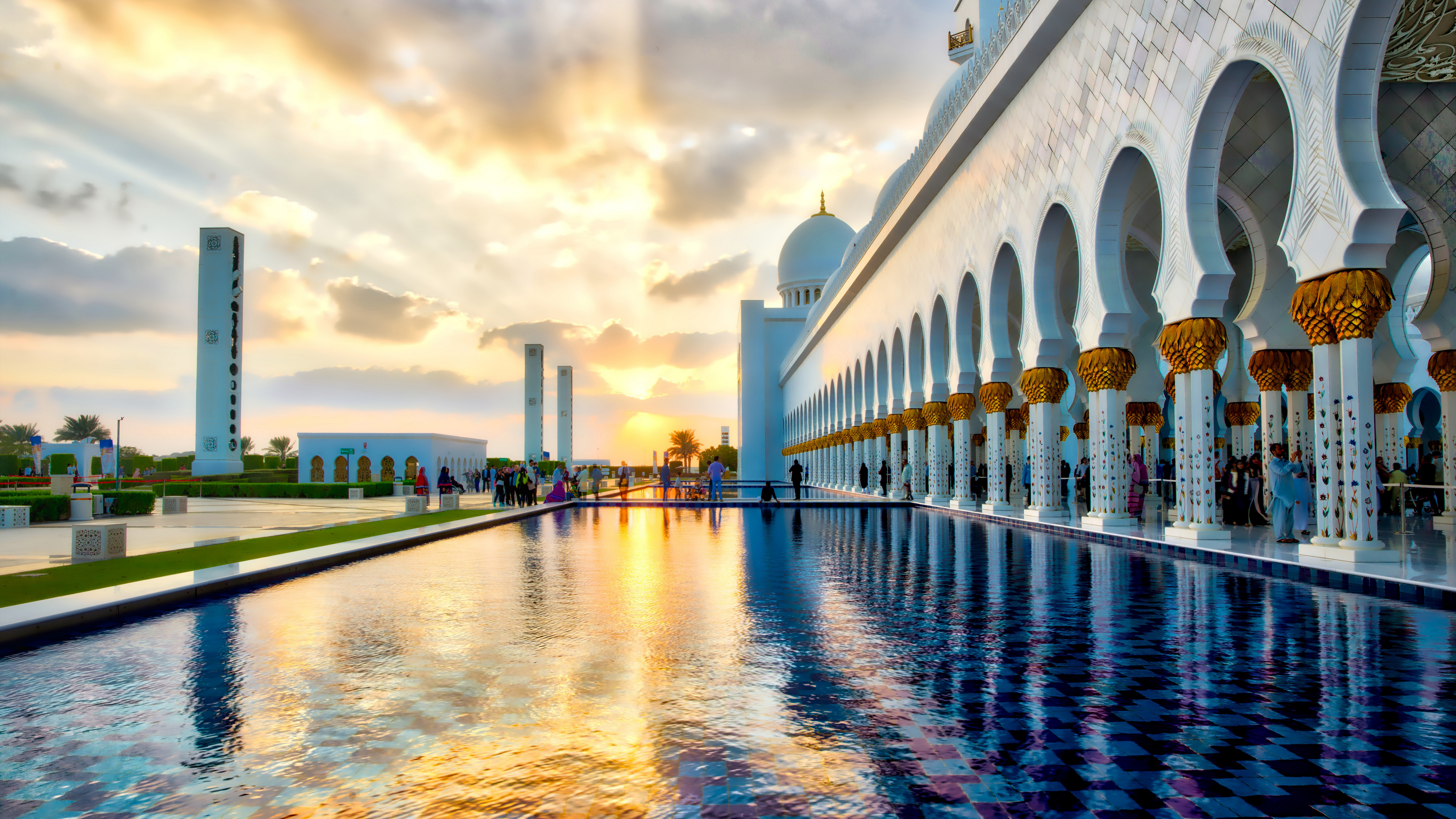 Photography Trey Ratcliff Cityscape Sunset Building Column Water Garden Abu Dhabi United Arab Emirat 7680x4320