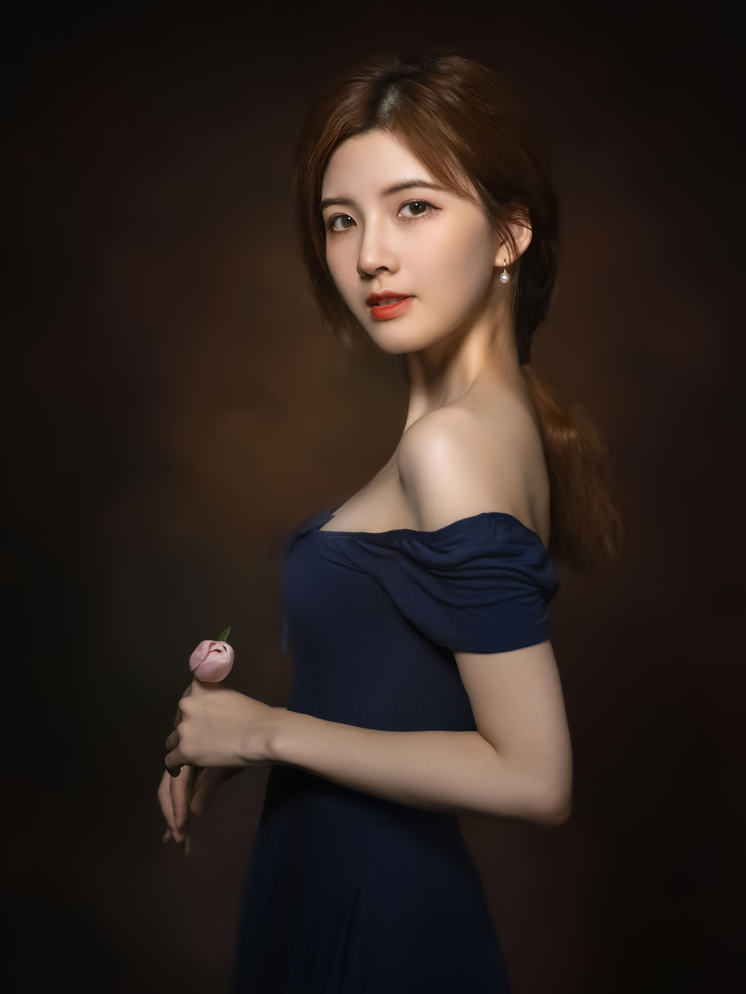 Lee Hu Women Asian Brunette Eyeliner Bare Shoulders Pink Flowers Tulips Simple Background Dress 1536x2048