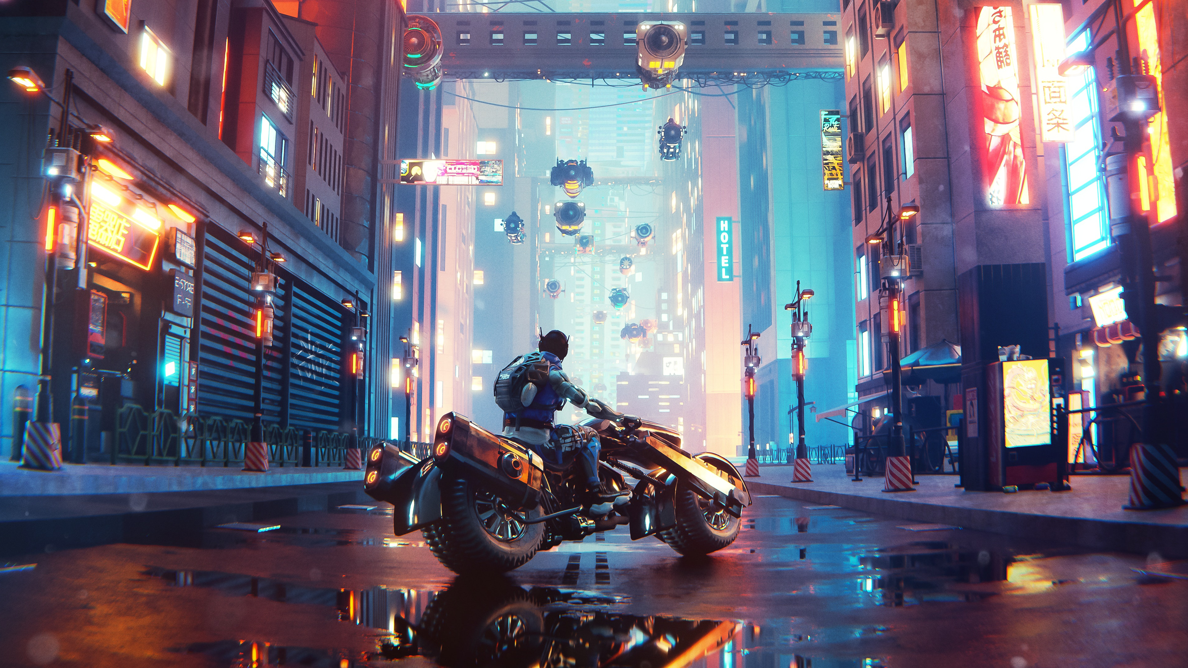 Digital Digital Art Artwork Illustration City Futuristic City Cyberpunk City Lights Motorcycle Refle 3840x2160