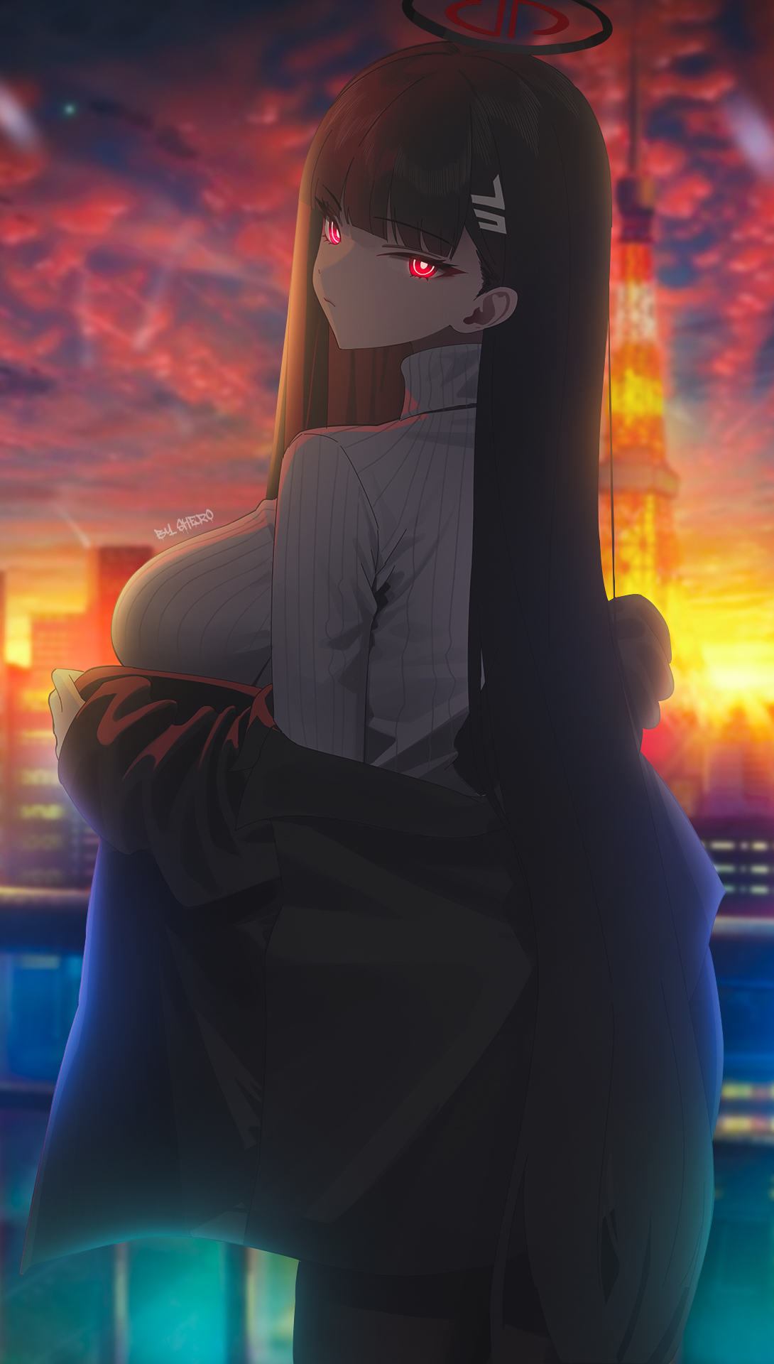 Anime Anime Girls Tsukatsuki Rio Japan Night Red Eyes Blue Archive Long Hair Glowing Eyes Sky Sunset 1090x1920