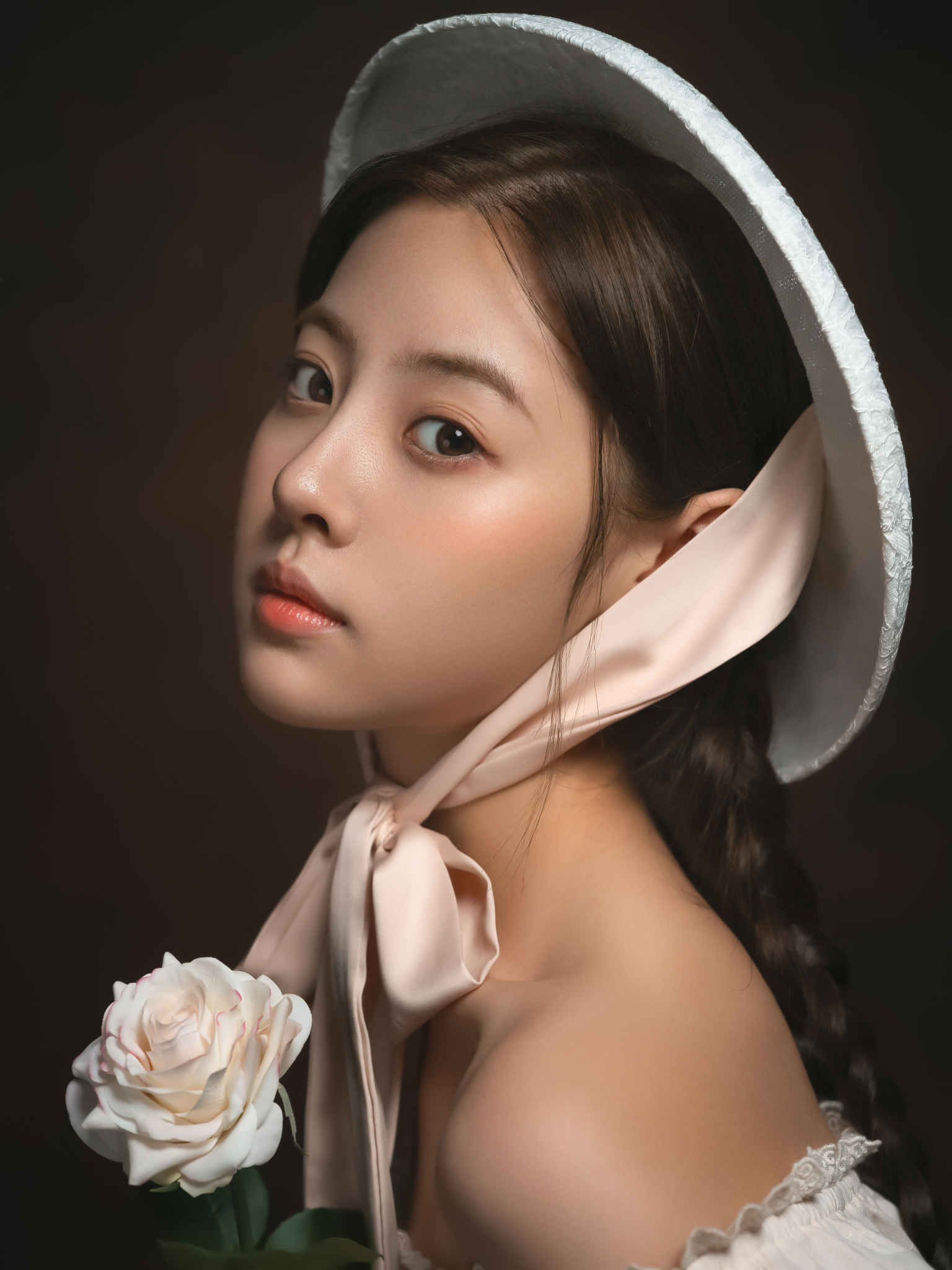 Lee Hu Women Brunette Looking At Viewer Hat Ribbon Asian Braids Flowers Rose Bare Shoulders Portrait 1536x2048