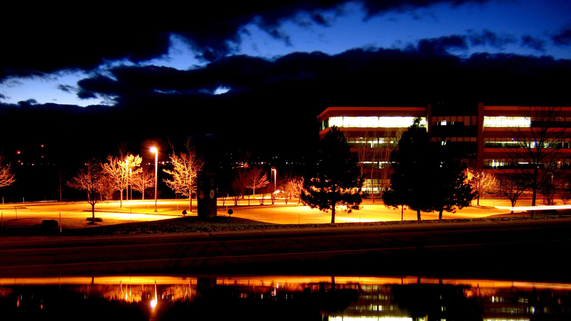 Night Parking Lot The University Campus Street Light Trees Overcast 1920x1080