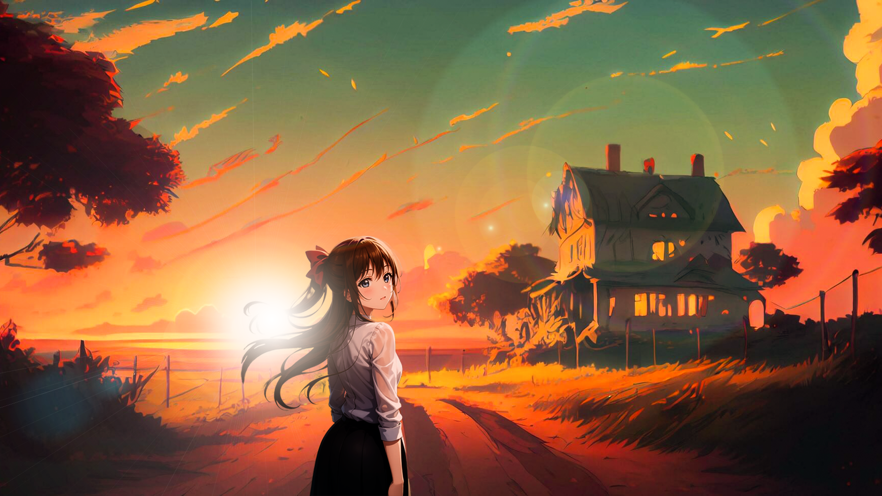 Anime Girls Schoolgirl Sunset Afternoon Long Hair Brunette 1742x980