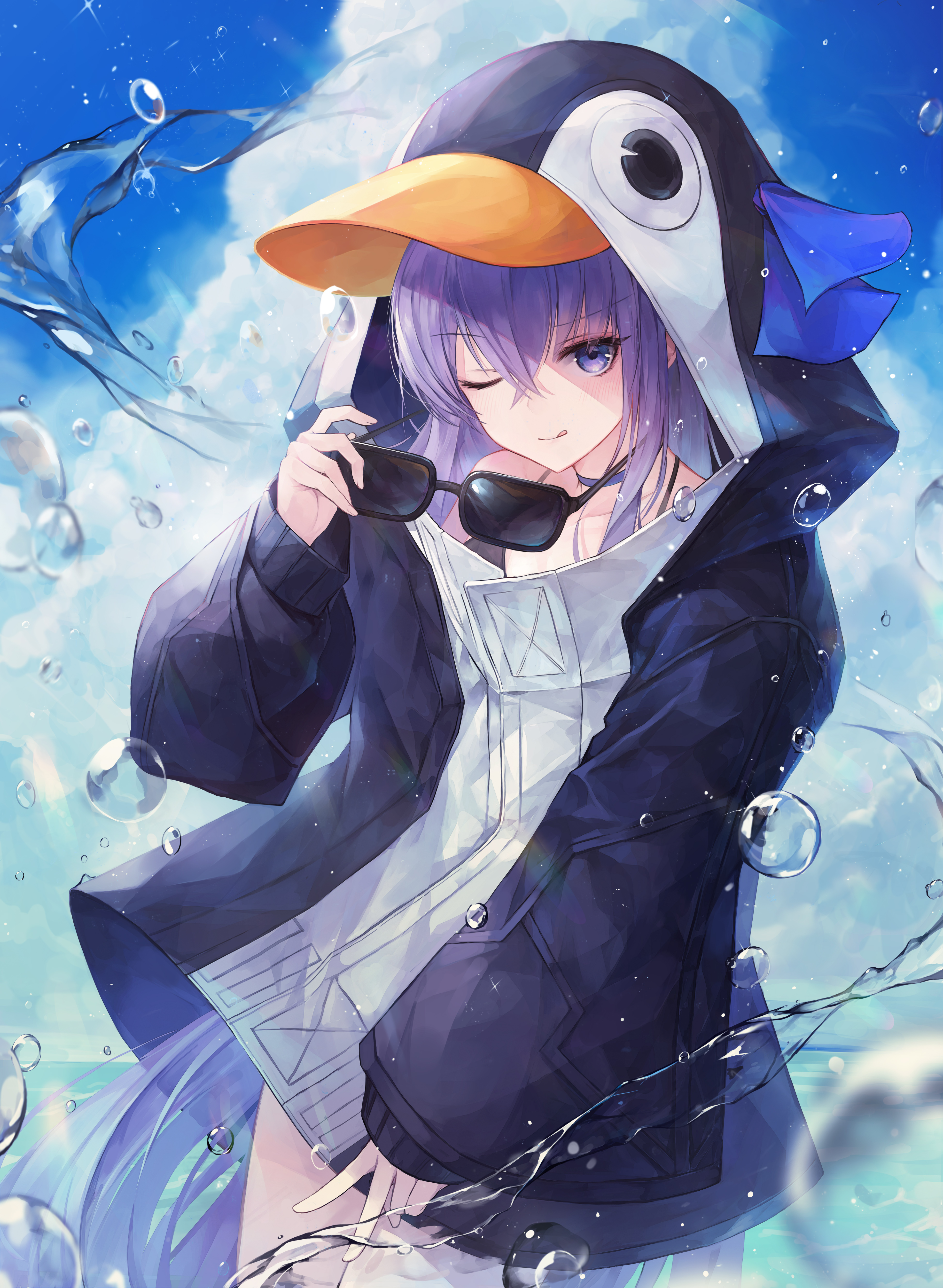 Anime Anime Girls Water Sunglasses Purple Hair Penguin 3893x5316