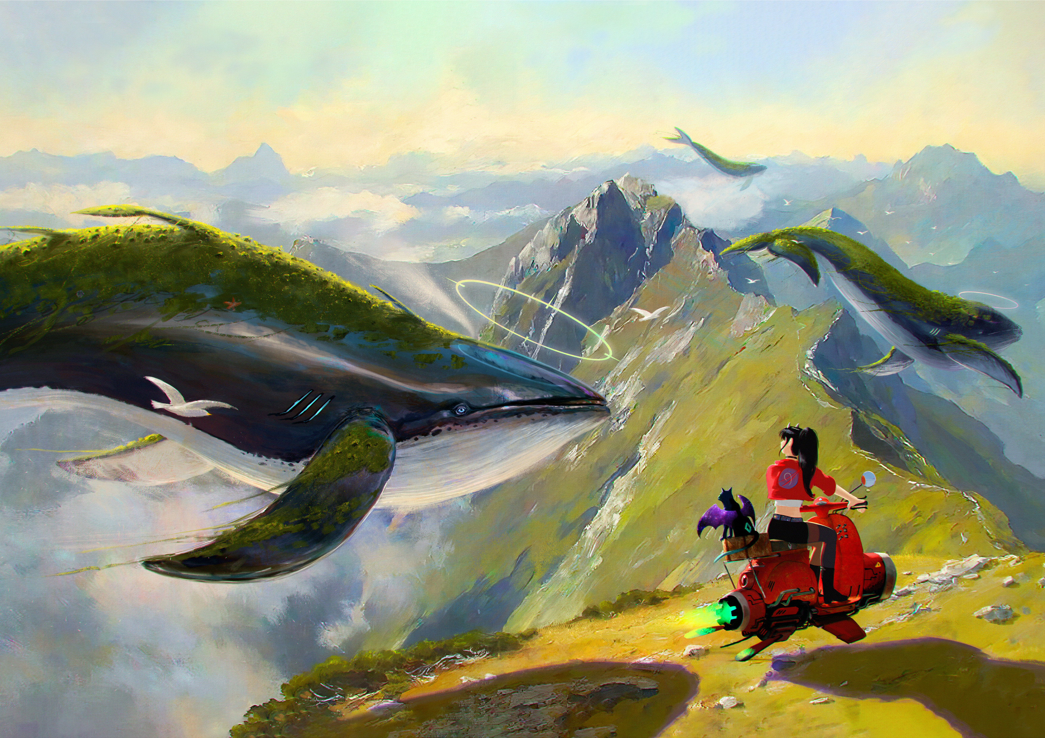 Oliver Wetter Digital Art Artwork Illustration Landscape Fantasy Art Mountains Whale Animals Nature  3509x2481