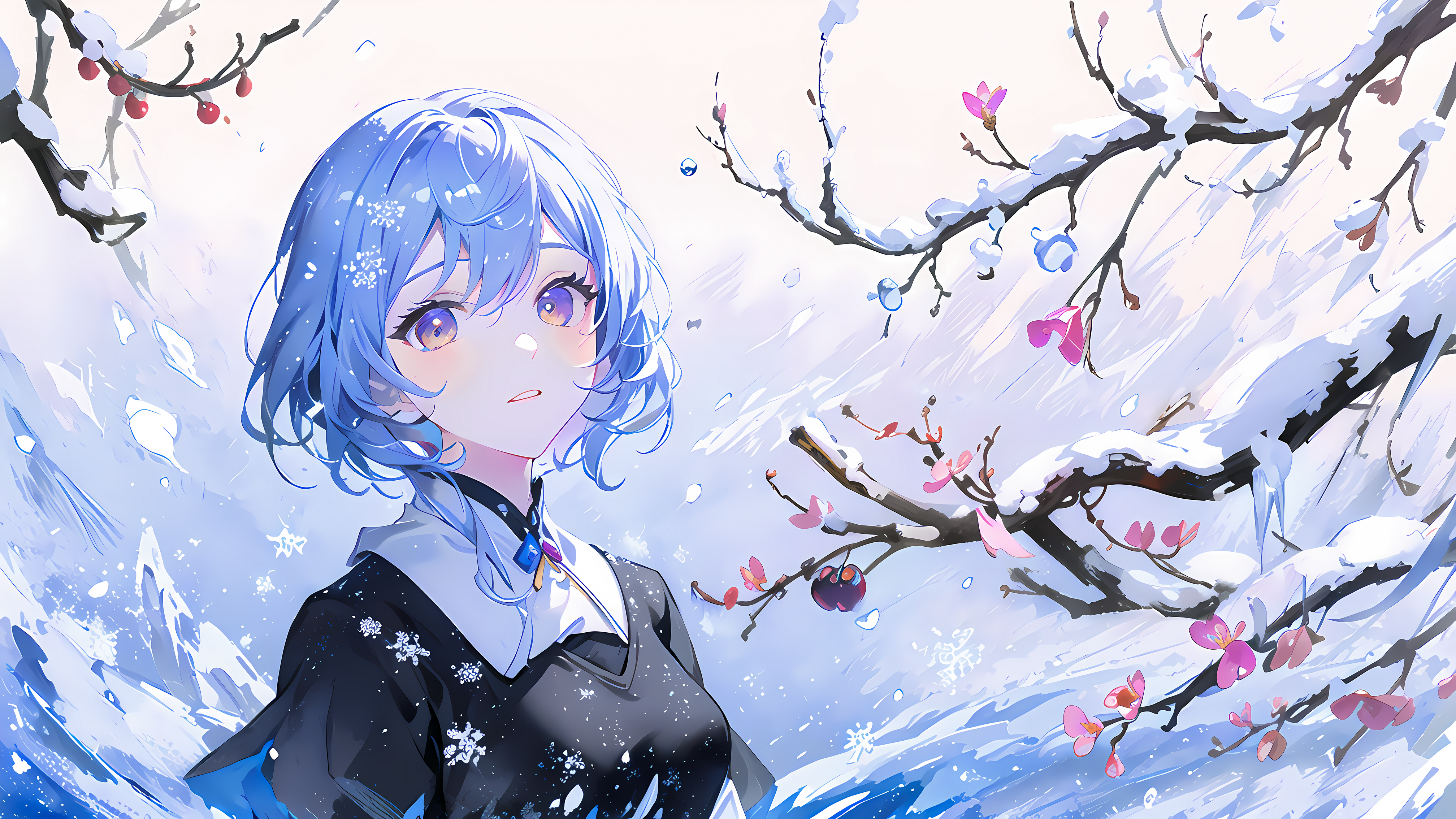 Blue Hair Plum Blossom Anime Girls Branch Looking At Viewer Snowflakes Flowers Petals Ai Art 4032x2268