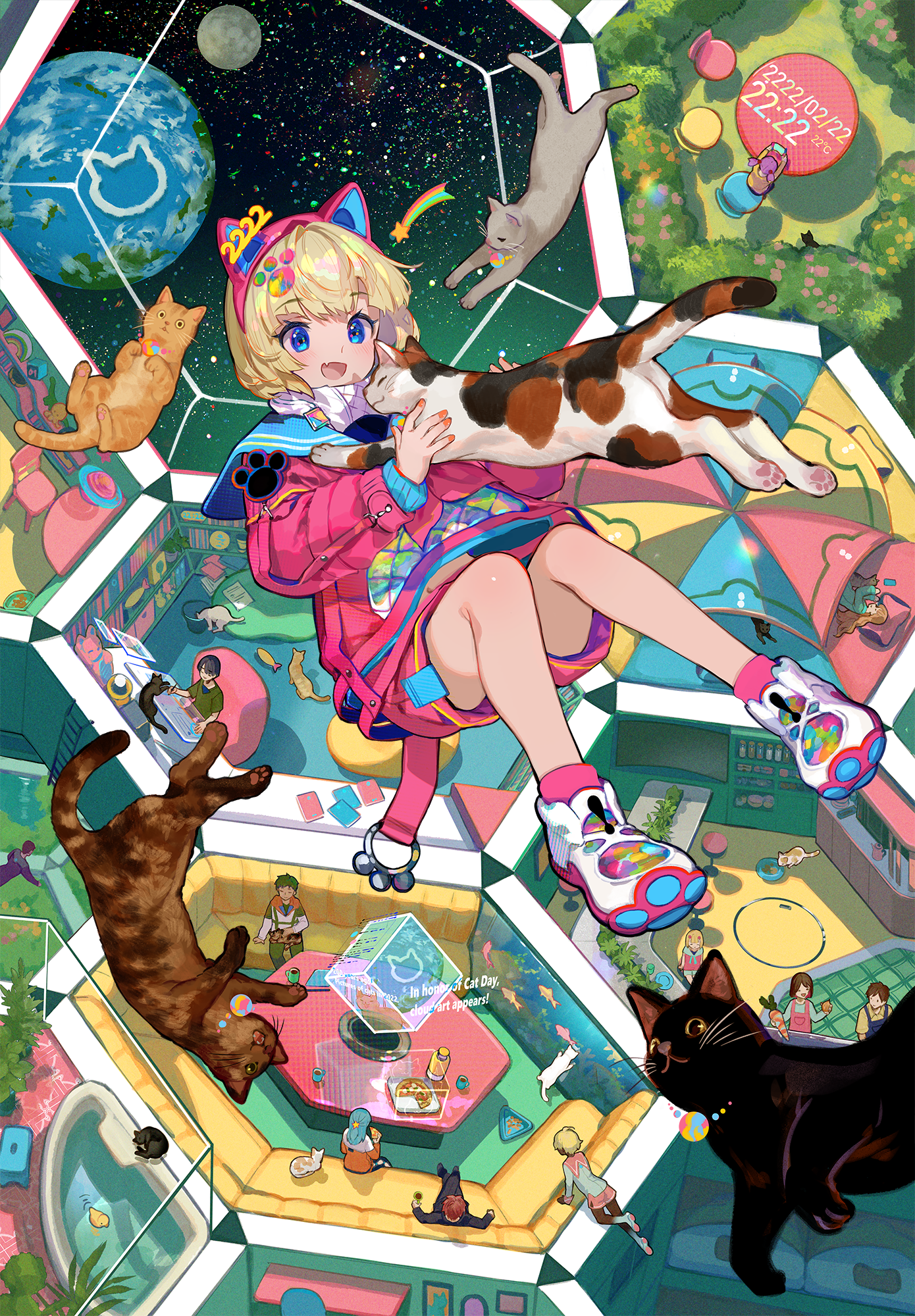 Wisteria Choco Fujiwara Cats Space Antigravity Anime Girls Portrait Display Animals Planet Blonde Sh 1390x2000