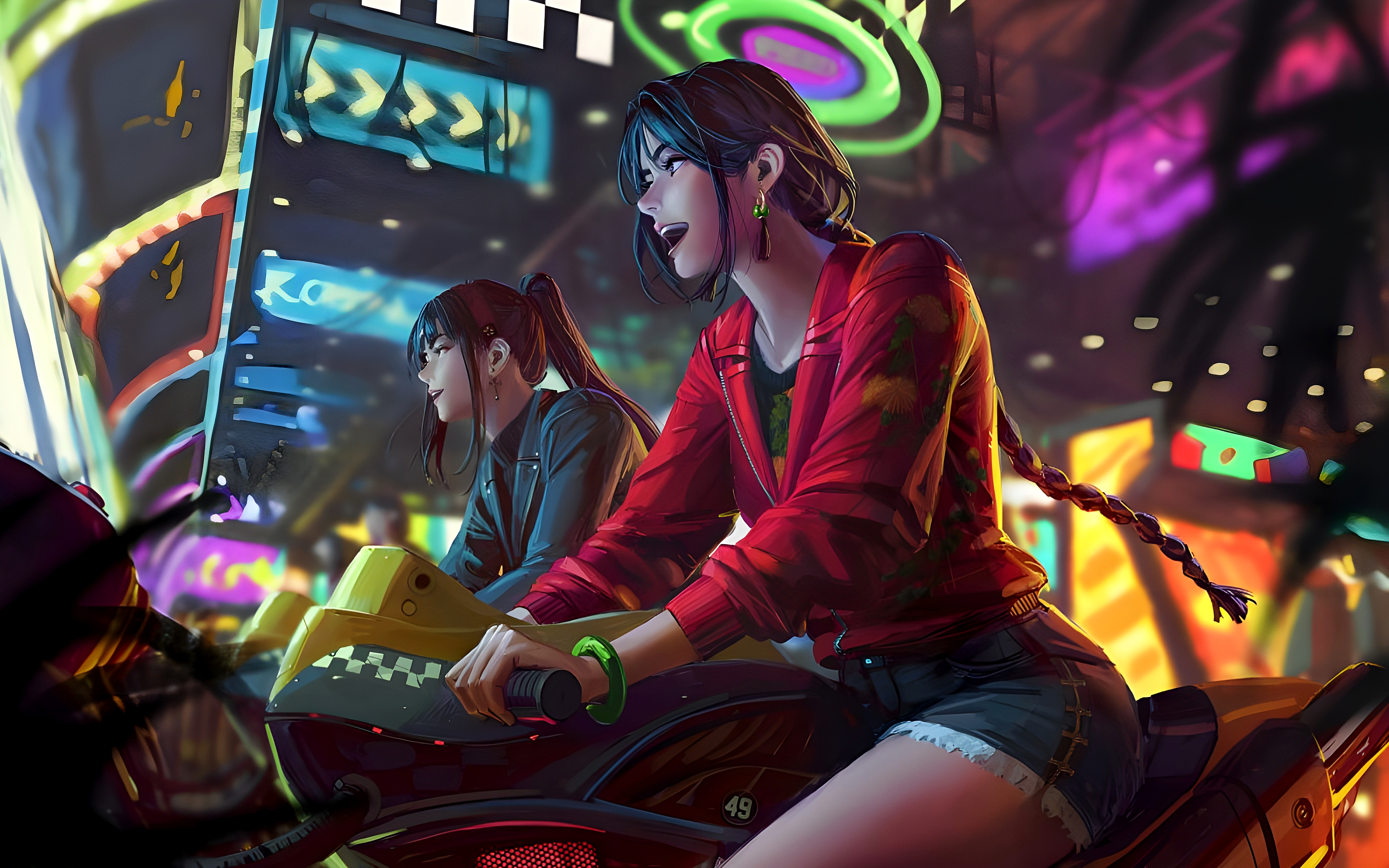 GUWEiZ Digital Art Women Arcade Vehicle Motorcycle Asian Long Hair Ponytail Open Mouth Indoors Women 3840x2400
