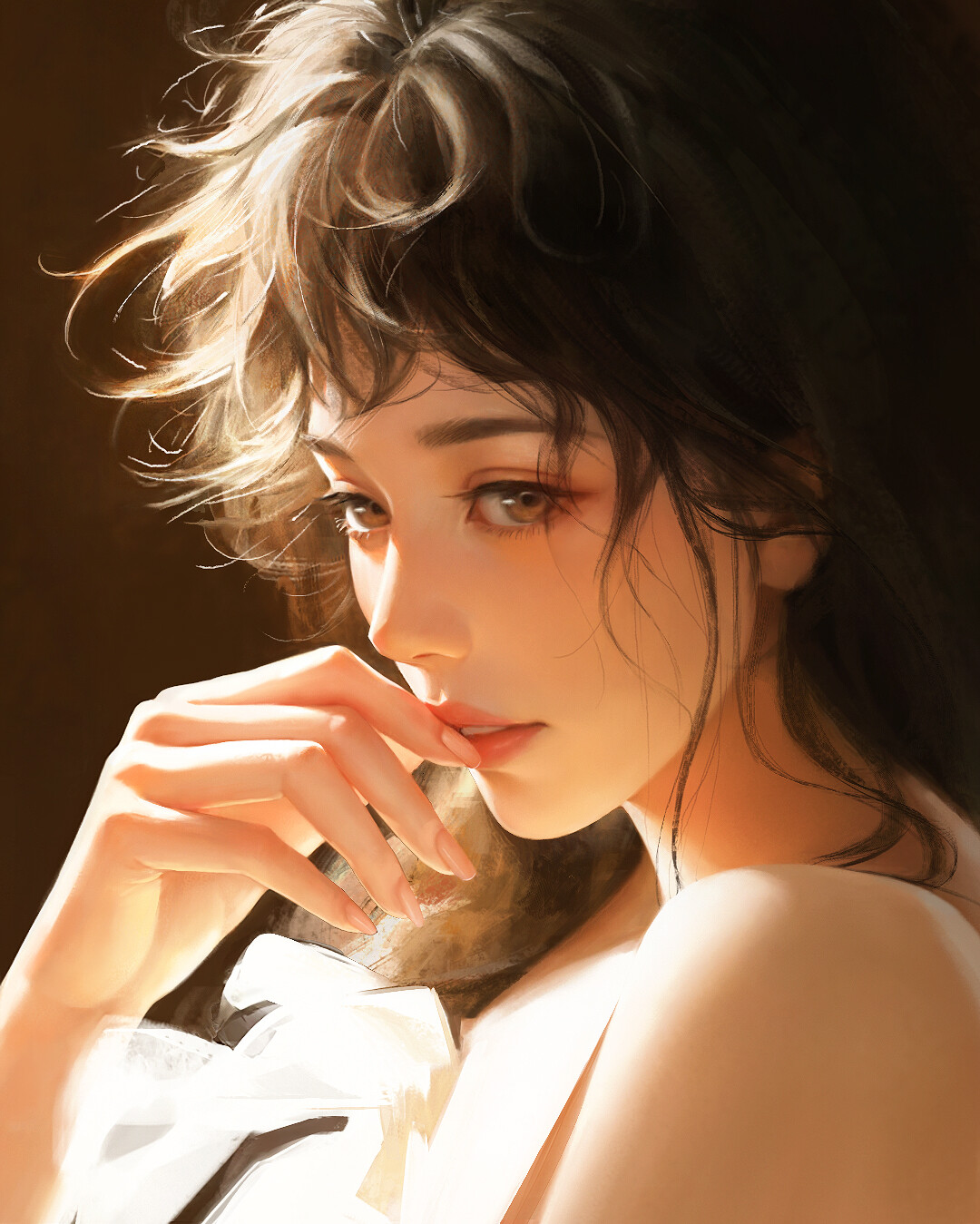 Qi Miao Drawing Women Portrait Finger On Lips Parted Lips Portrait Display Digital Art 1080x1349