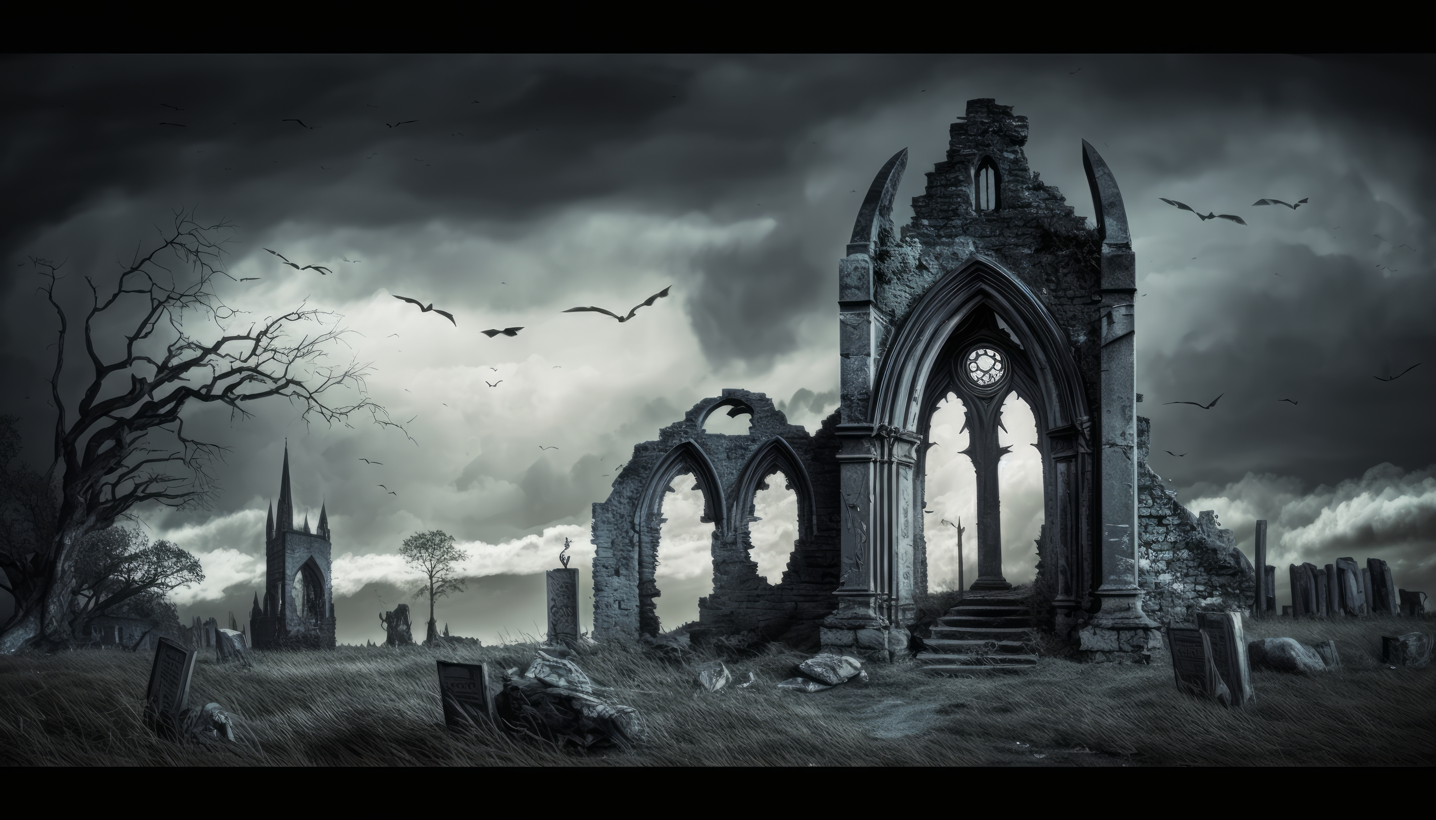 Ai Art Ruins Gray Church Clouds Birds Grass Halloween Gothic 4579x2616