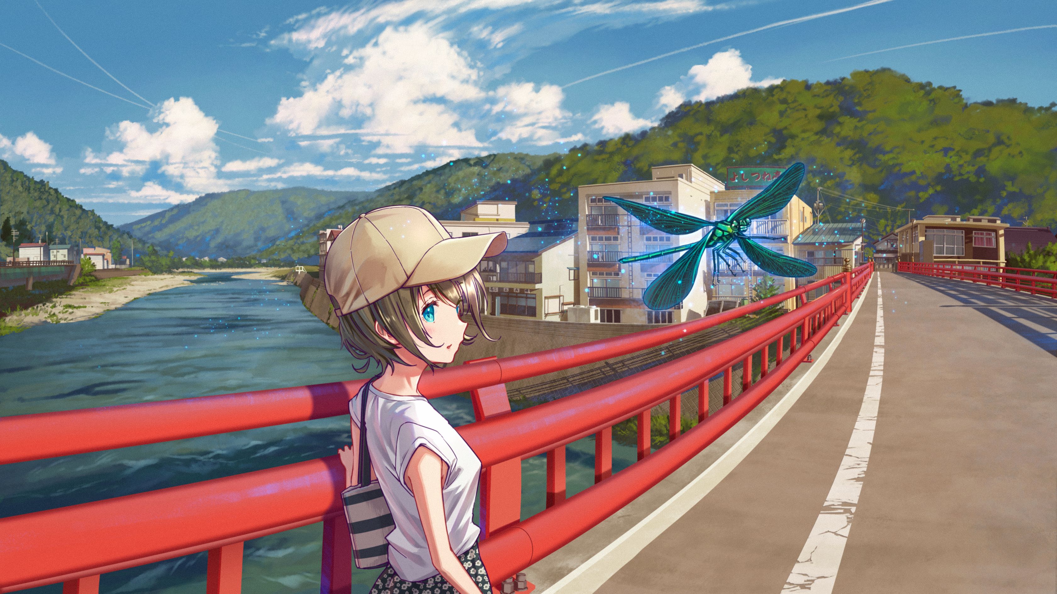 Anime Girls Bridge Dragonflies Blue Eyes Standing Hat Short Hair Mountains Looking At Viewer Water S 3360x1890