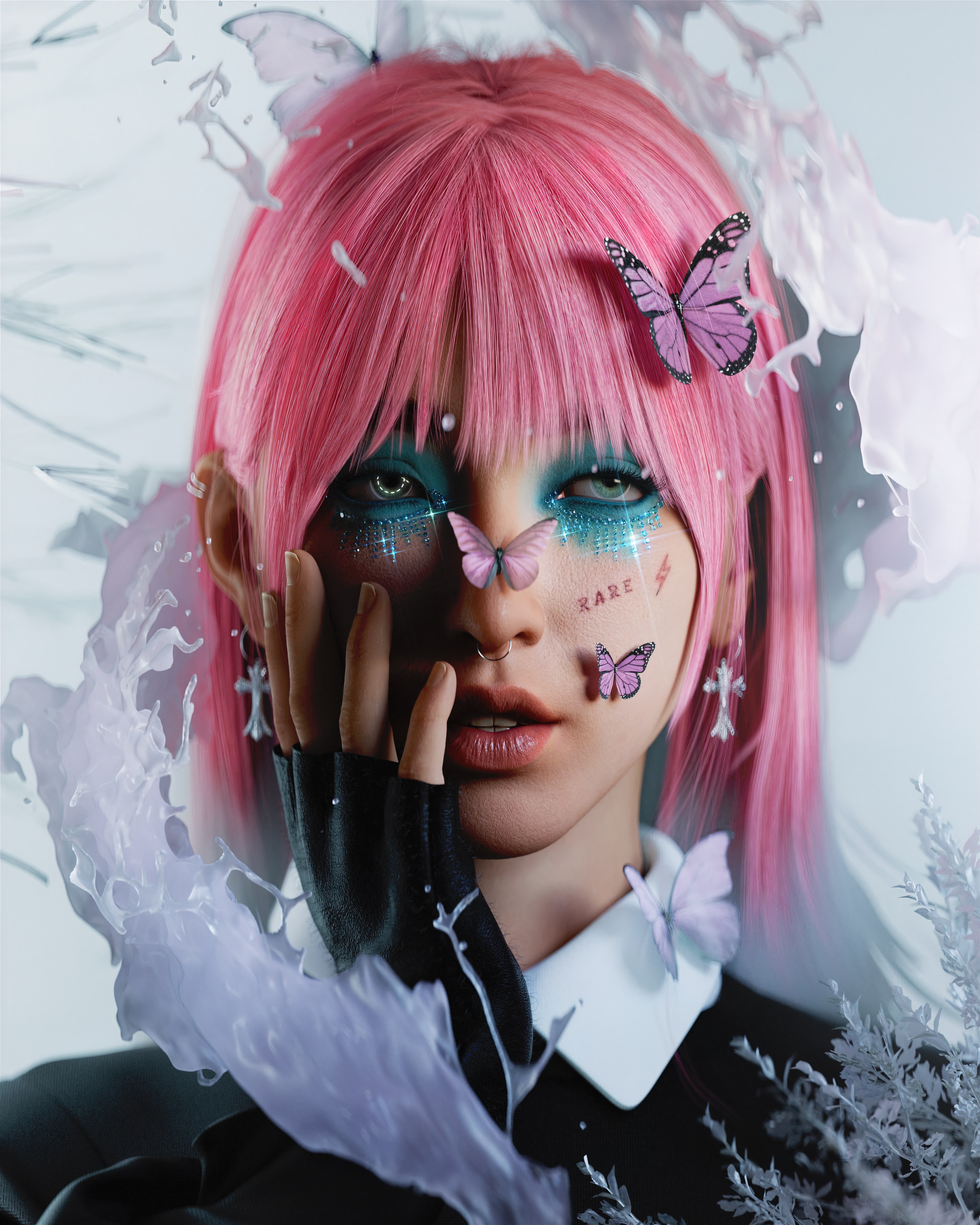 Yuga Digital Art Artwork Illustration Women Portrait Abstract Butterfly Pink Hair Makeup Earring 4320x5400
