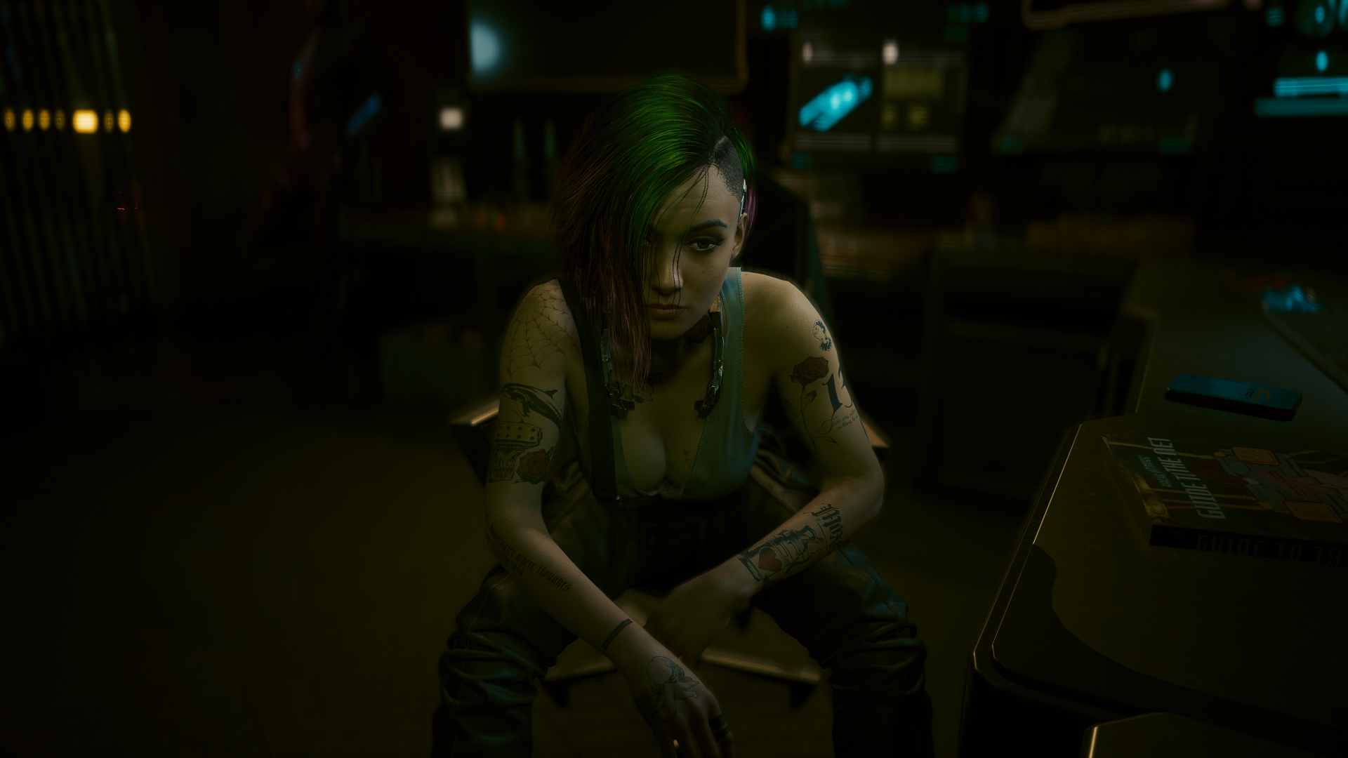 Cyberpunk Cyberpunk 2077 Judy Alvarez Video Games Tattoo Looking At Viewer Sitting Video Game Art Sc 1920x1080