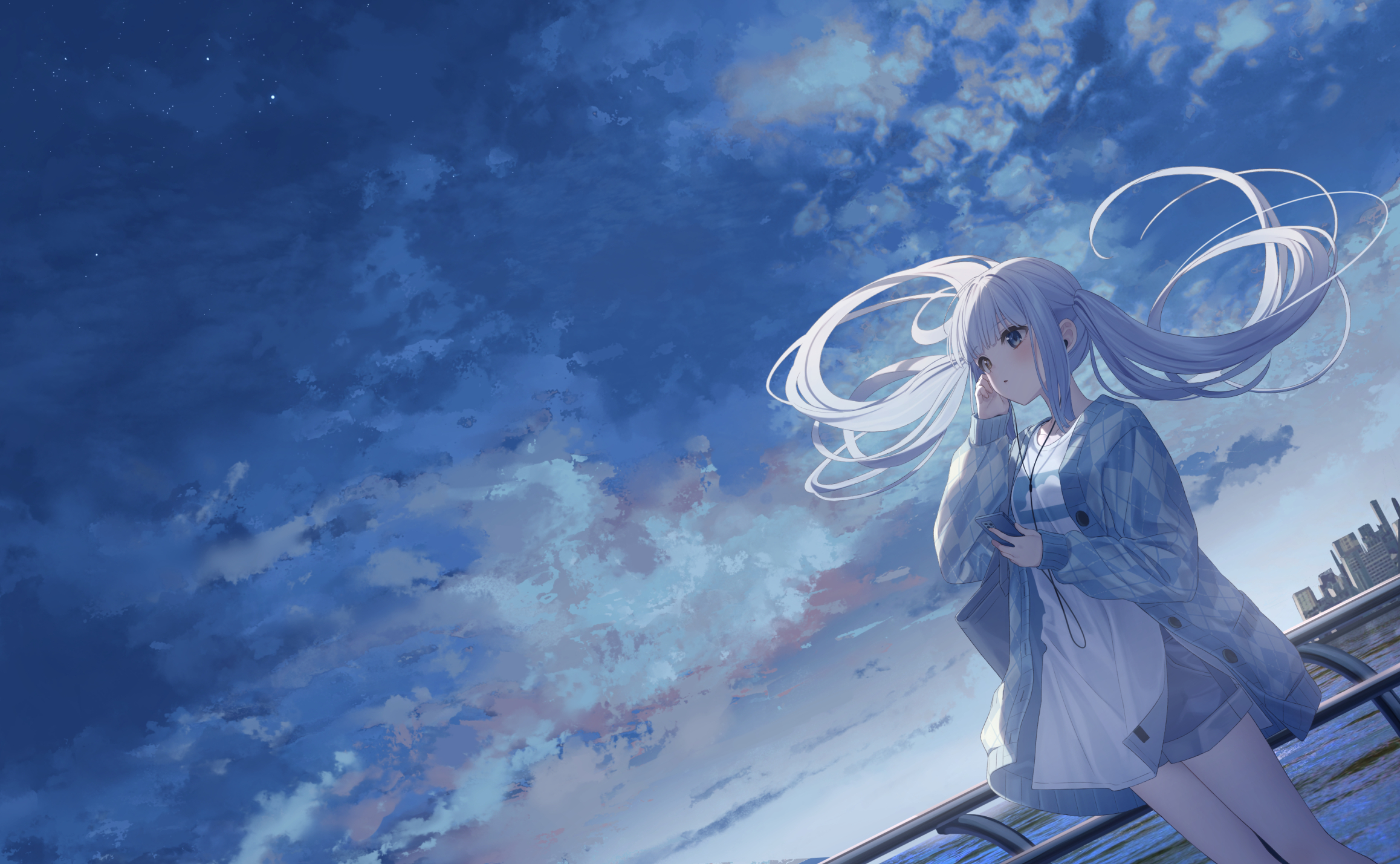 Anime Anime Girls Sky Clouds Twintails Long Hair Blue Hair Standing Heterochromia Water Earphones Ph 2316x1428