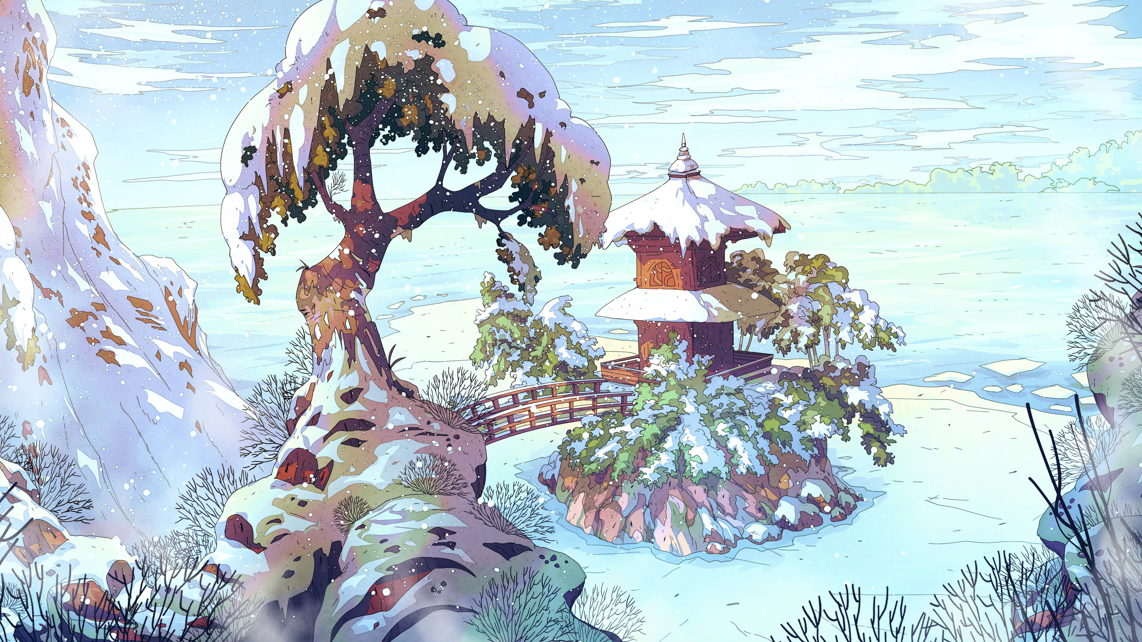 Christian Benavides Digital Art Fantasy Art Landscape Snow Shrine Asian Architecture Artwork 3840x2160