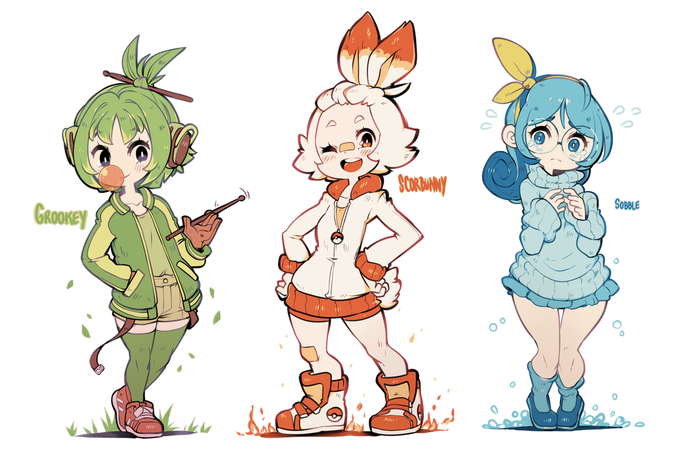 Pokemon Digital Art Drawing Anime Girls Scorbunny Sobble Pokemon Grookey Pokemon 1374x900