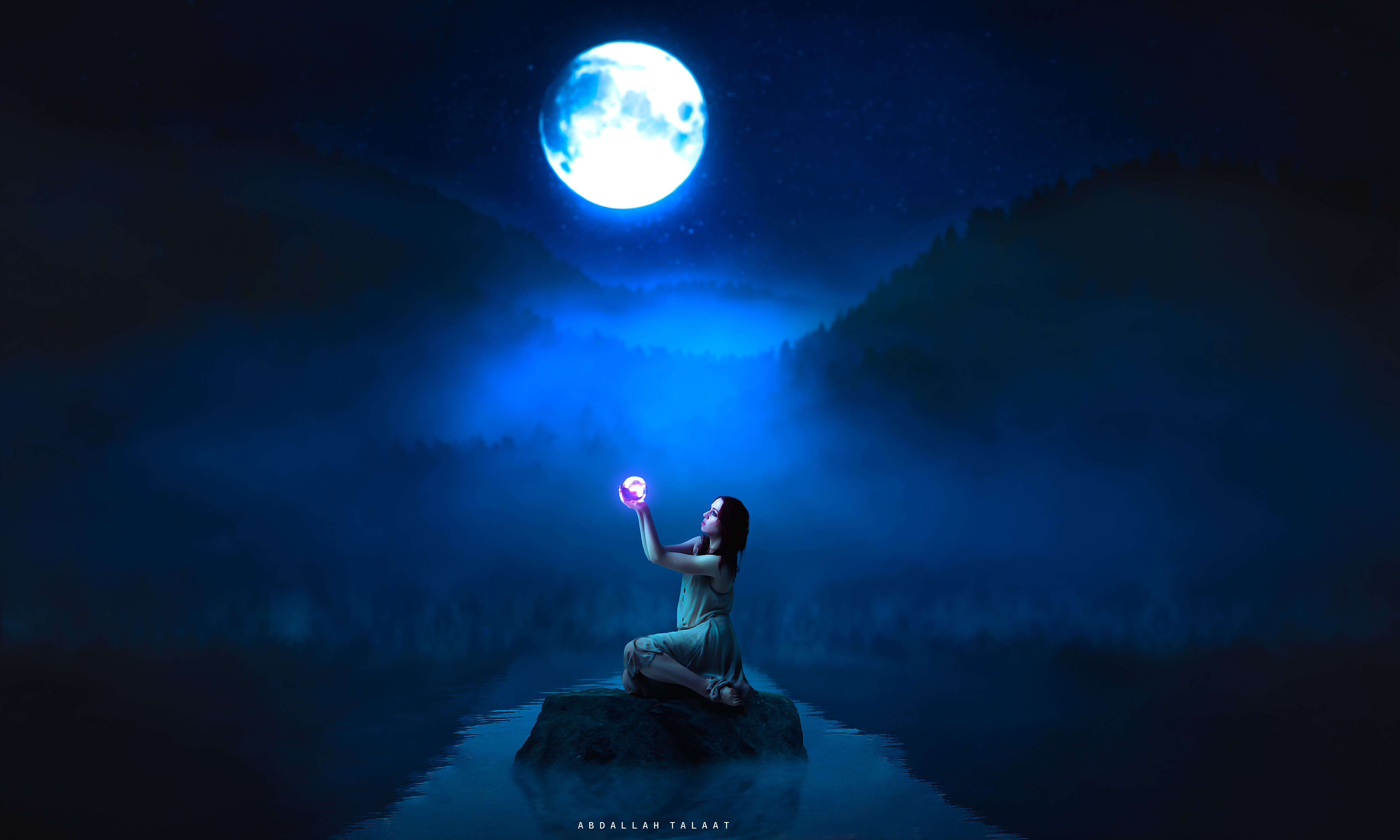 Fantasy Girl Night Moonlight Dark Silent Moon Abdallah Talat Watermarked Digital Art Women 5000x3000