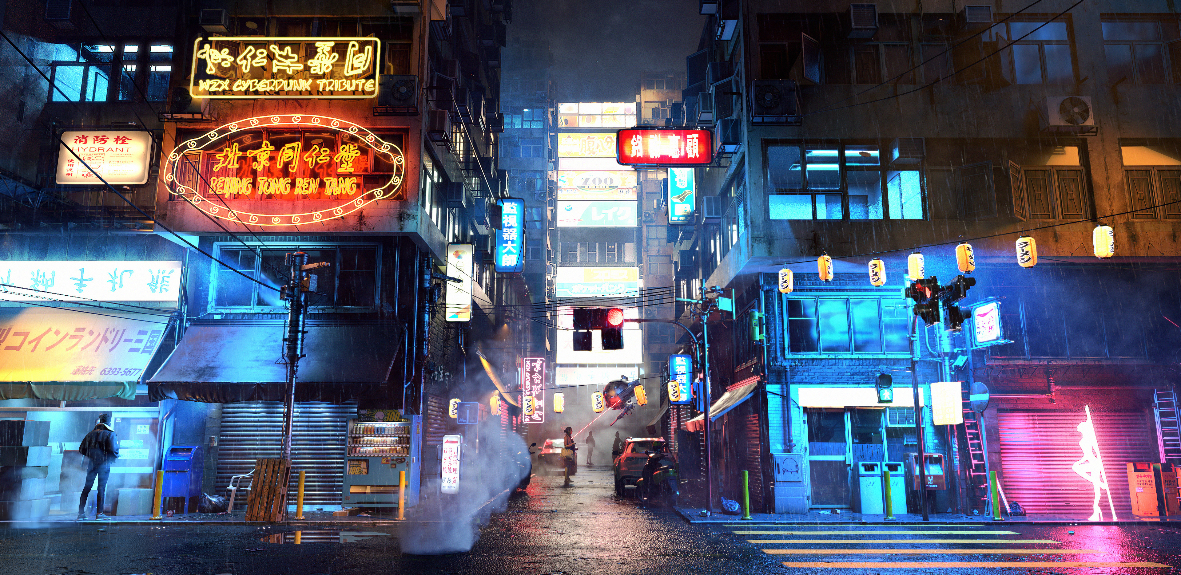Digital Digital Art Artwork Illustration Cyberpunk Street City Lights Neon CGi Building Environment 3840x1871