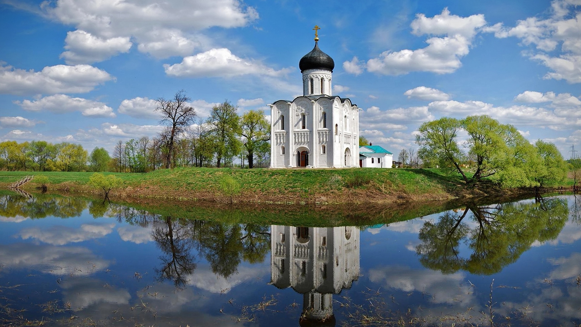 Architecture Chapel Russia Water Reflection Trees Clouds Sky Nature 1920x1080