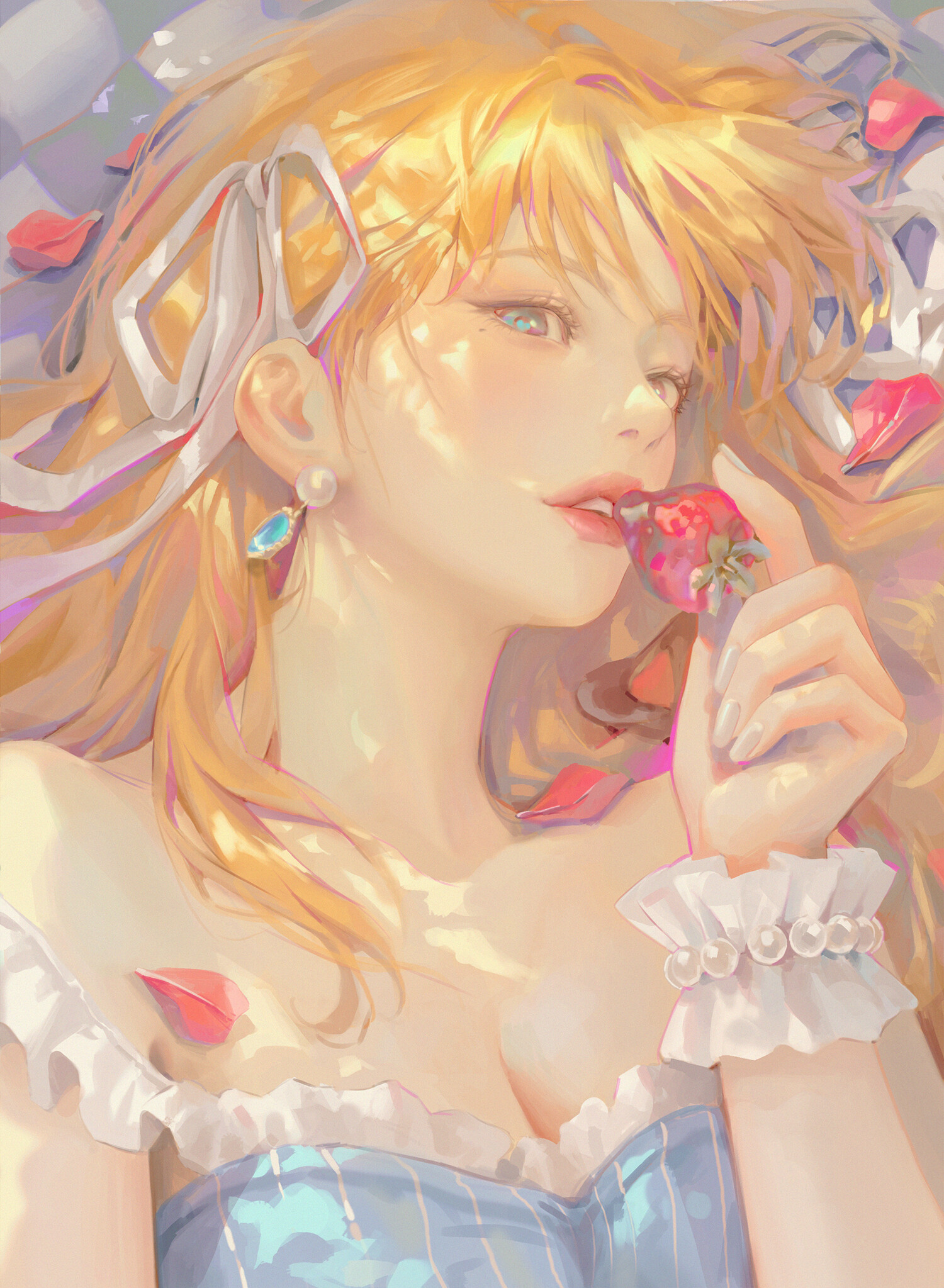 Digital Art Artwork Illustration Women Vertical Portrait Blonde Strawberries Sunlight 1500x2047