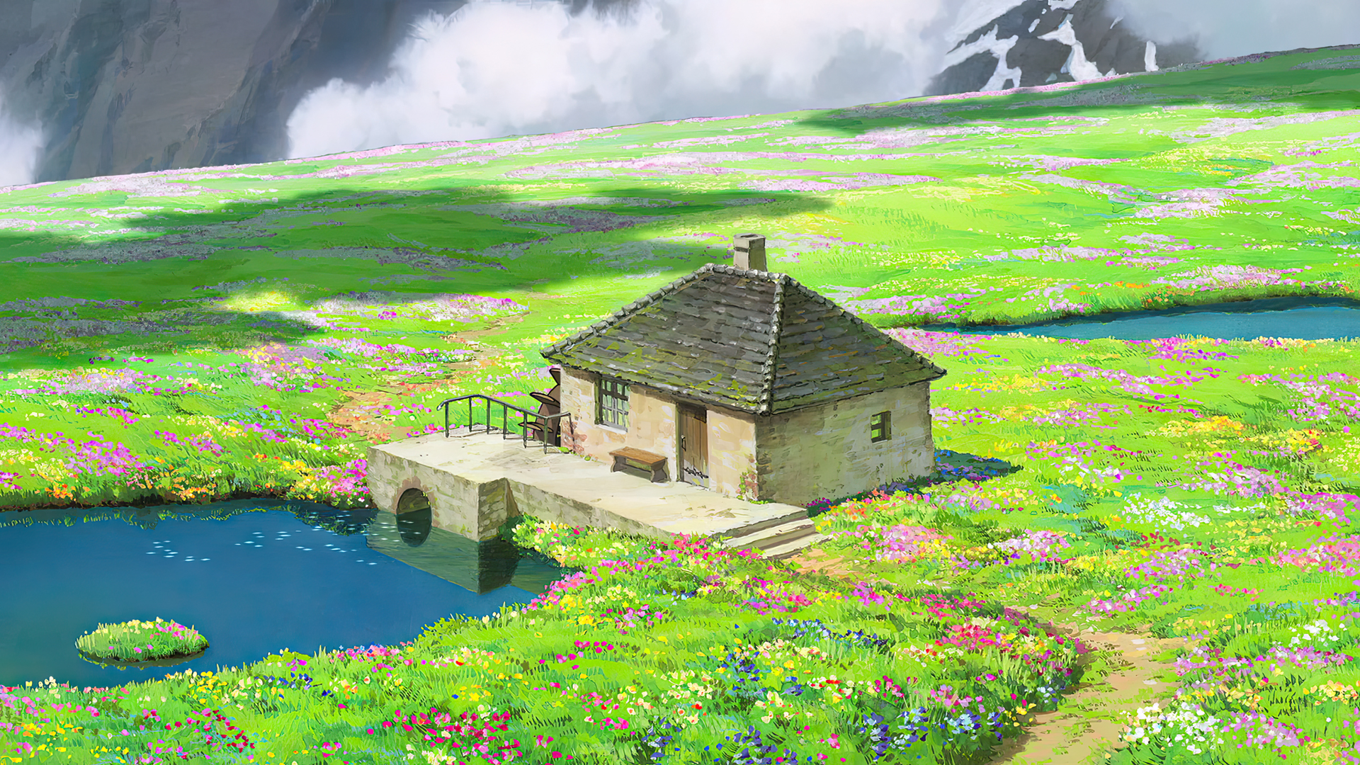 Howls Moving Castle Animated Movies Anime Animation Studio Ghibli Hayao Miyazaki House Field Flowers 1920x1080