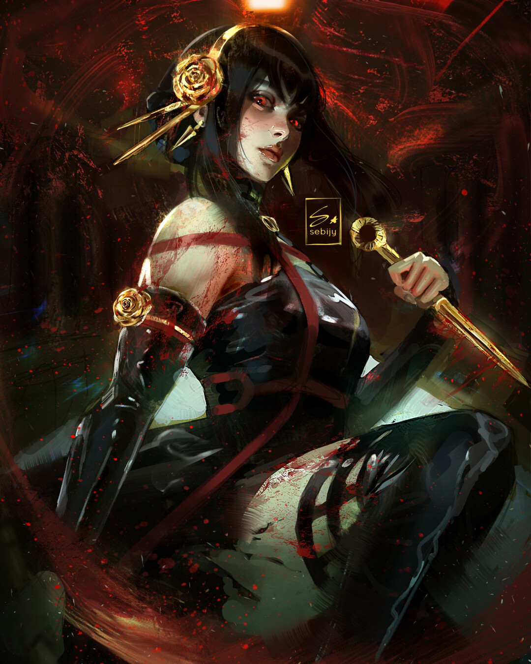 Artwork Women Girl With Weapon Fantasy Art Fantasy Girl Black Hair Red Eyes Looking At Viewer Dagger 1080x1350