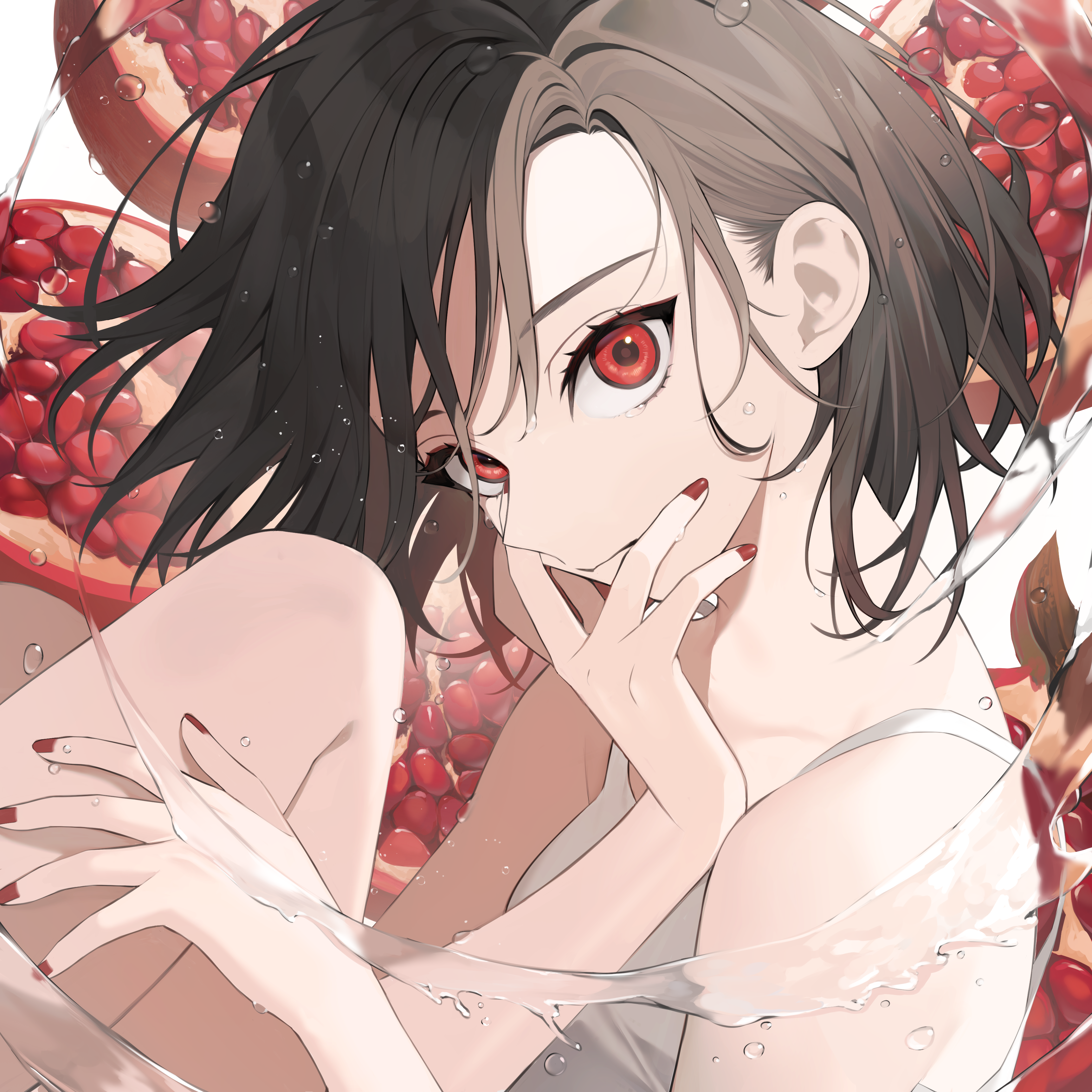 Original Characters Pomegranate Fruit Looking At Viewer Anime Girls Short Hair Water Red Eyes Wet 3445x3445