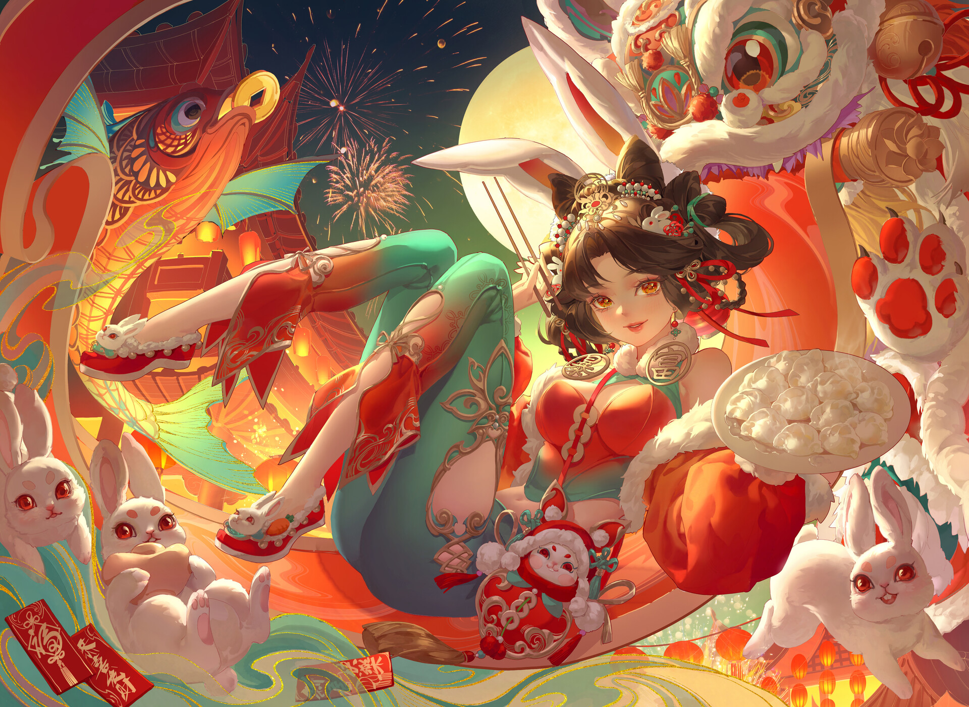 Chinese New Year Digital Art Artwork Illustration Women Bunny Ears Dragon Anime Girls Fireworks Anim 1920x1400