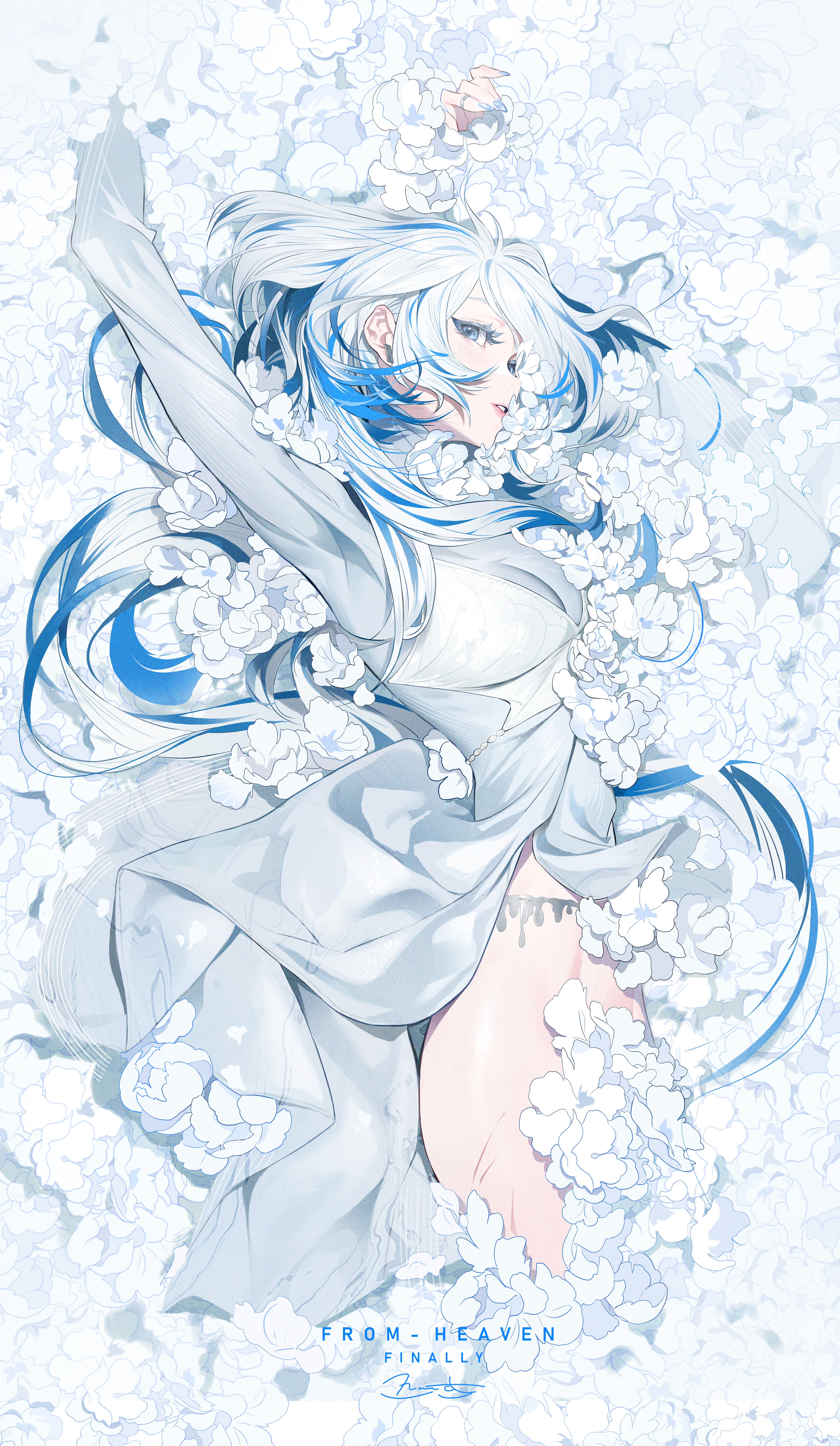 Blue Eyes White Flowers Anime Girls Blue Hair Flowers 3070x5284