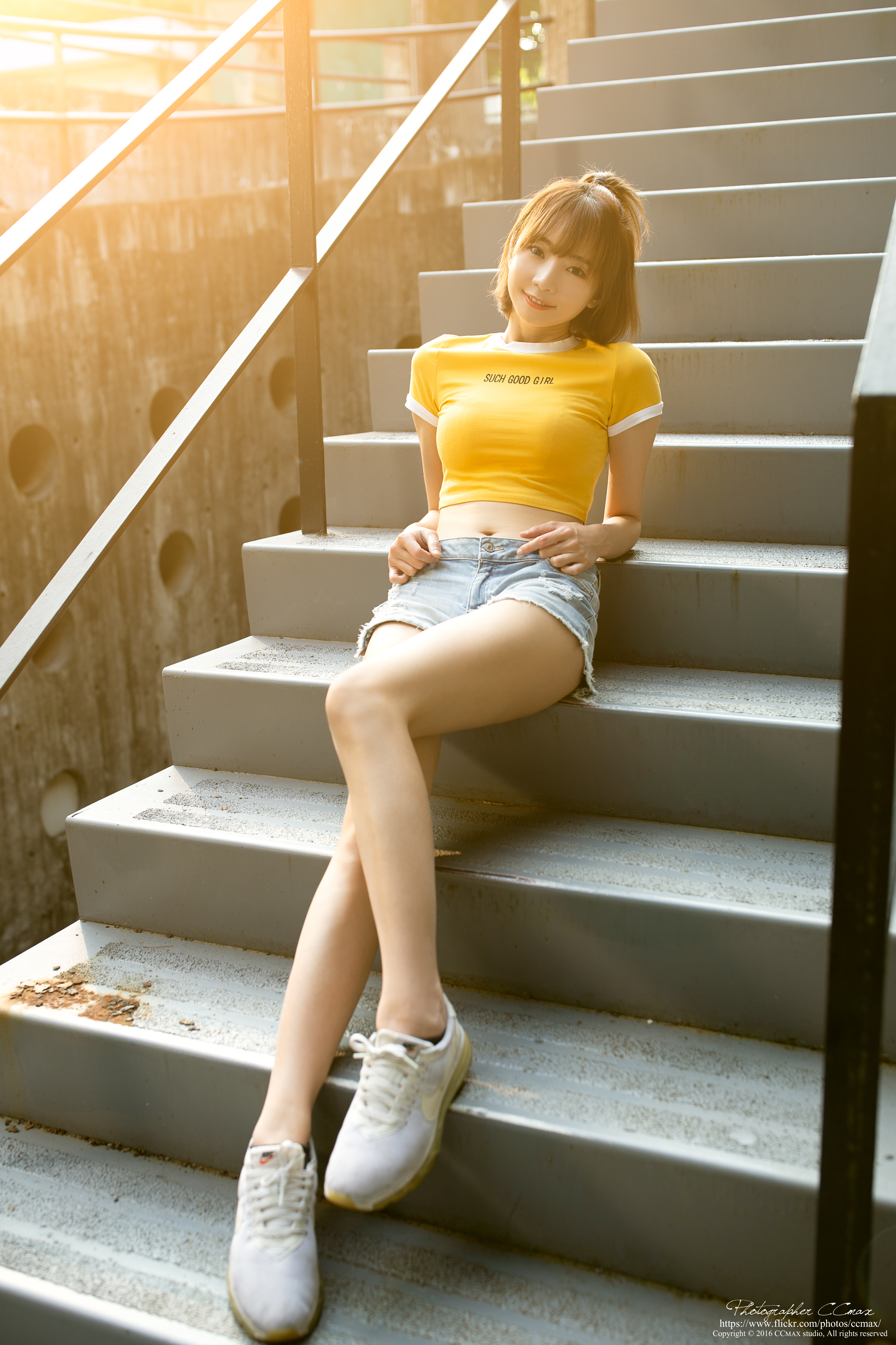 Max Chang Women Asian Stairs Sunlight Yellow Clothing Legs Crop Top Jean Shorts 3295x4942