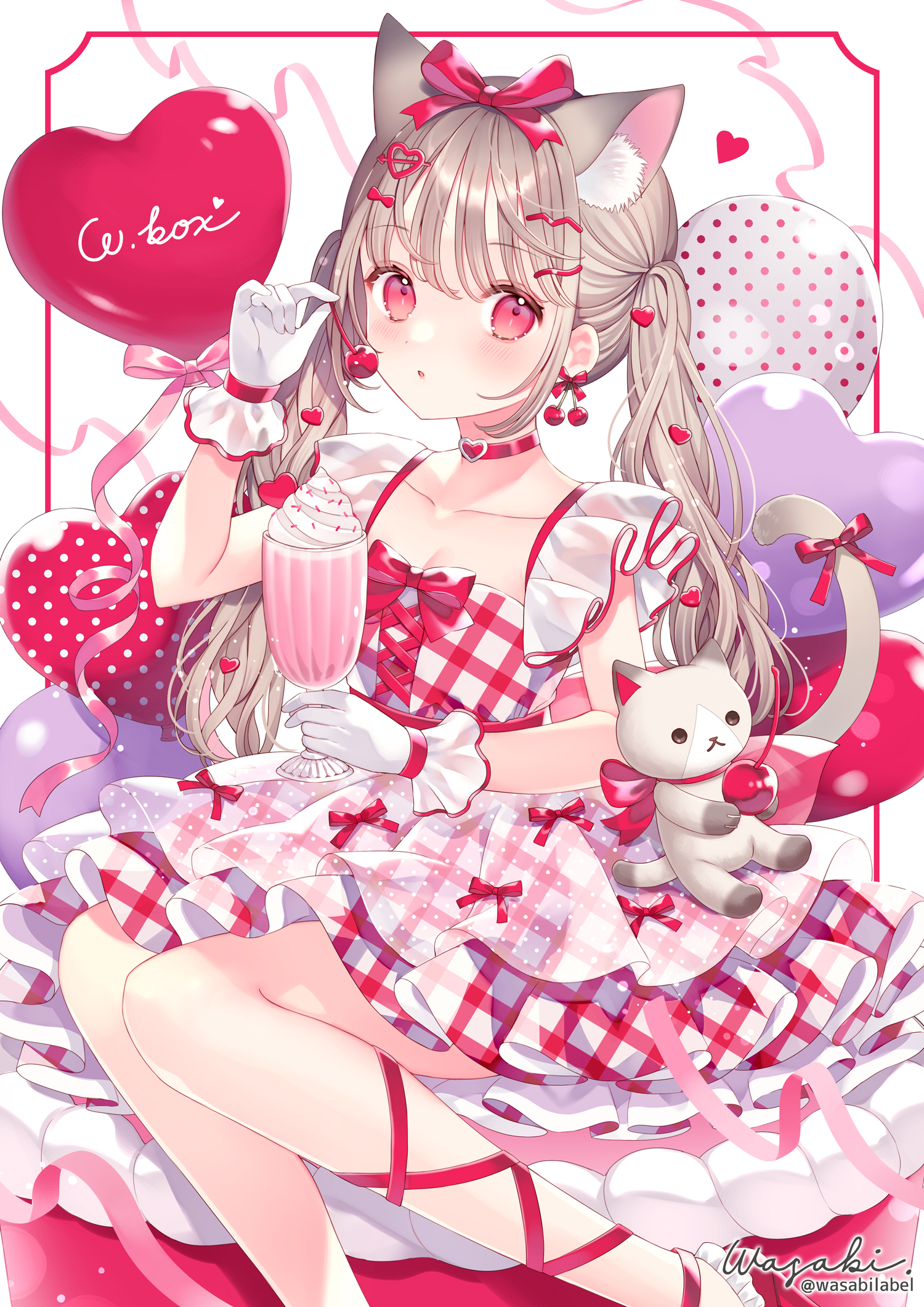 Wasabi W Cat Girl Ice Cream Cherries Cat Ears Cat Tail Heart Anime Girls 1500x2121