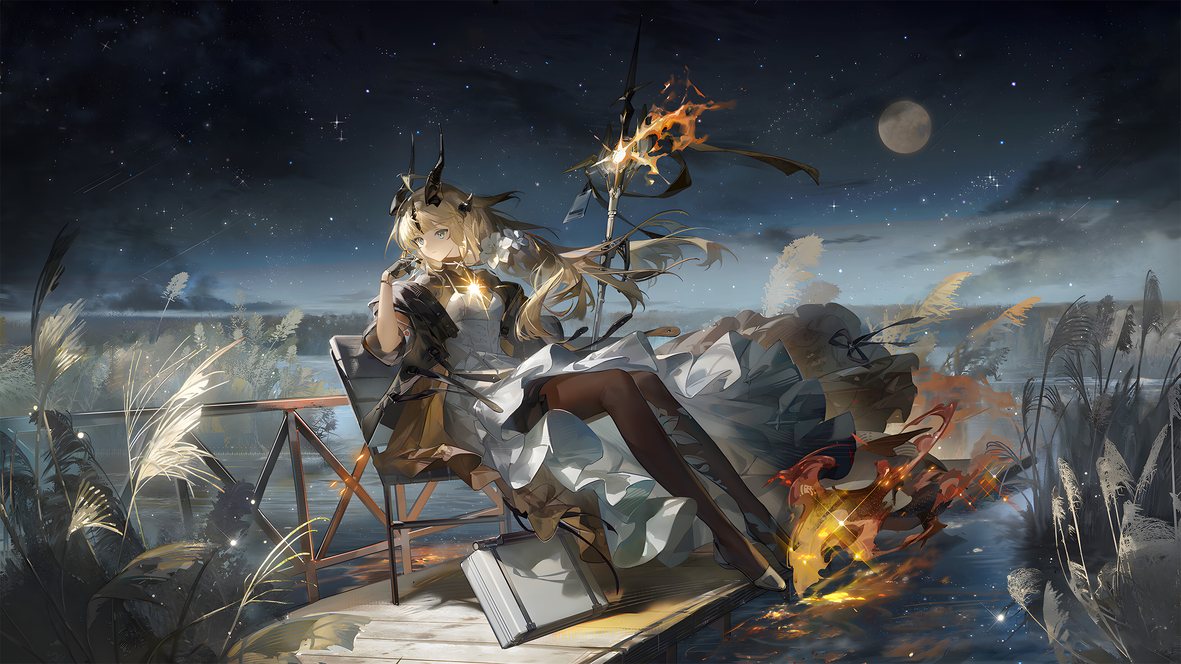 Arknights Anime Girls Reed The Flame Shadow Arknights Horns Moon Stars Starry Night 3800x2138