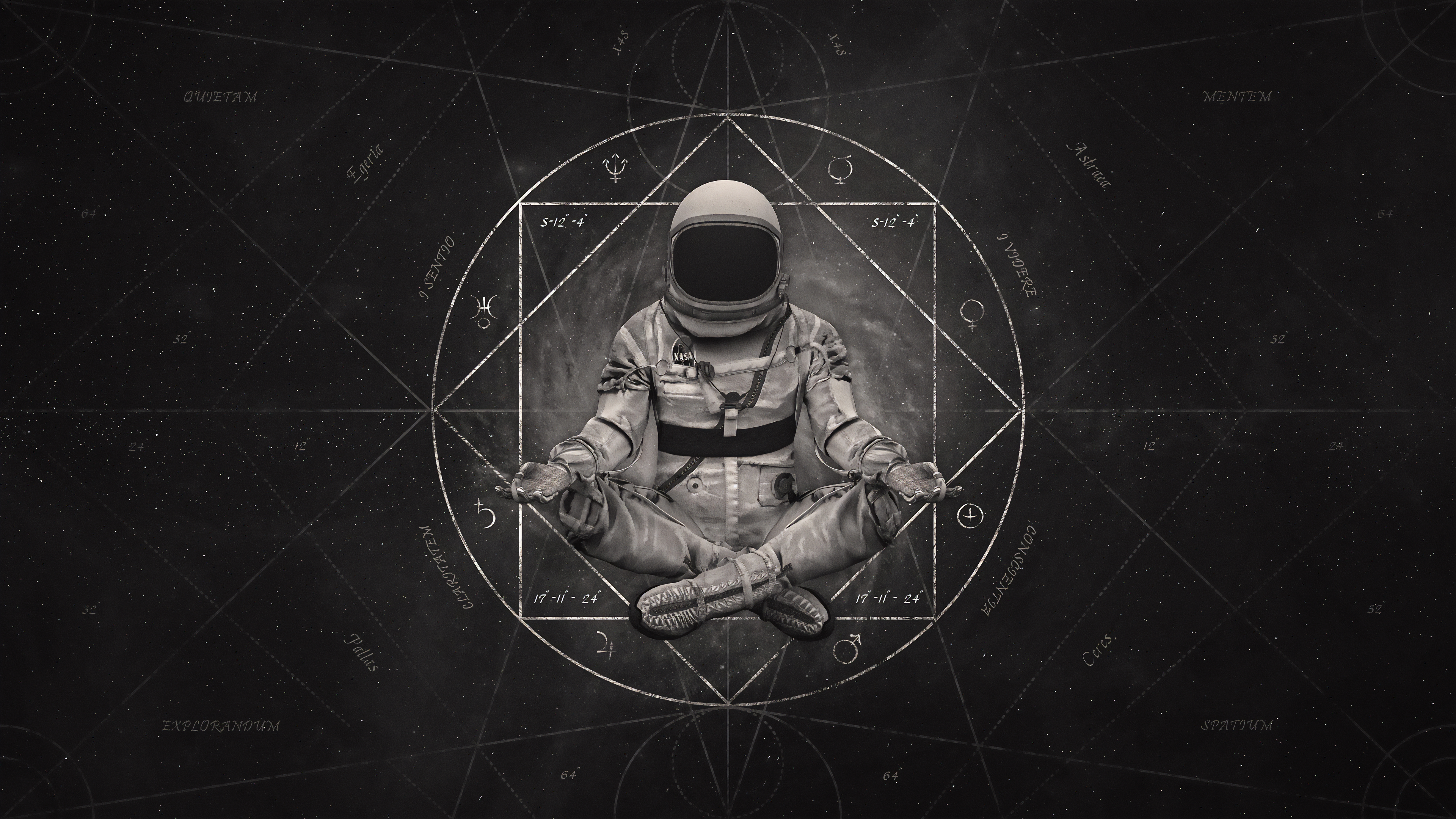 Digital Art Artwork Astronaut Helmet Spacesuit Meditation Humor Monochrome Sitting Geometry Geometri 3840x2160