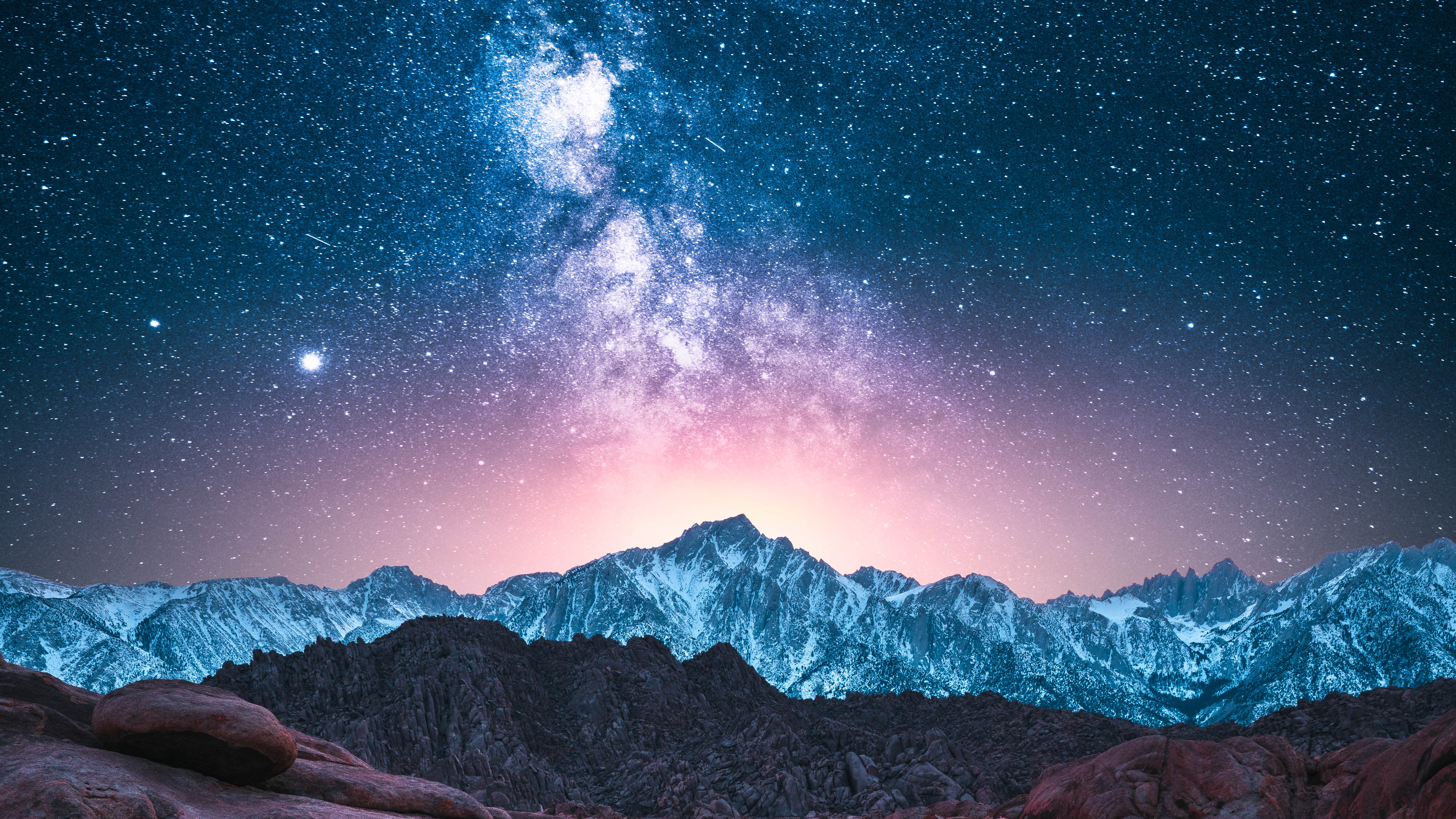 Photography Landscape Mountains Nature Snow Sunset Stars Milky Way Space Shooting Stars Planet Starr 5120x2880
