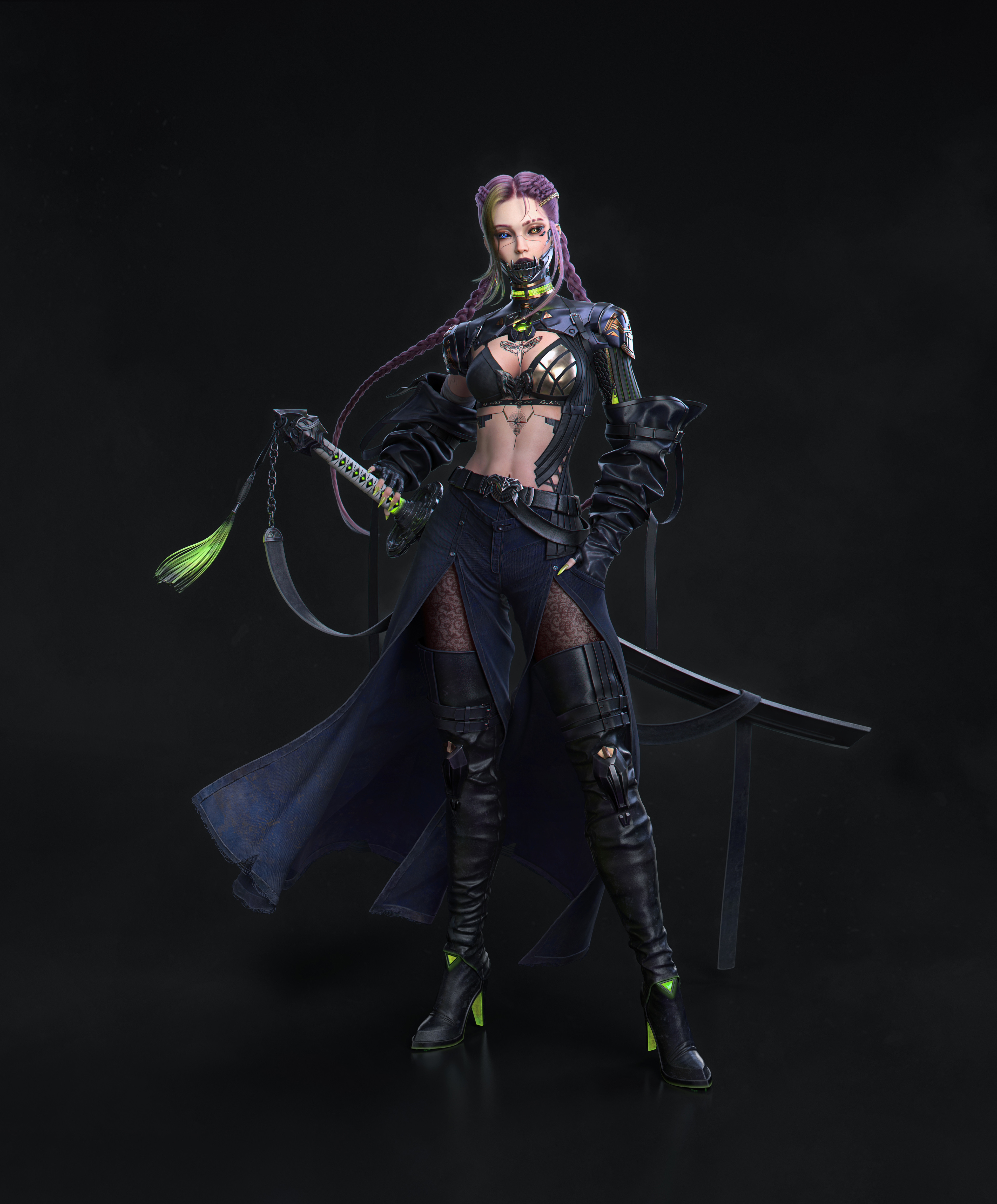Cifangyi CGi Women Cyberpunk Sword Black Background Portrait Display Weapon Simple Background Minima 3840x4636