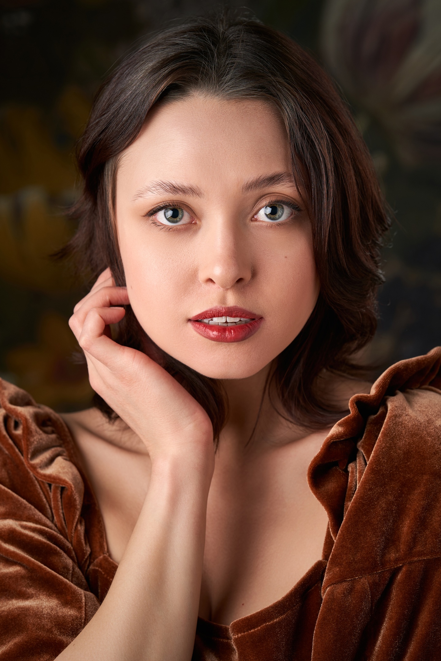 Sergey Gorshenin Women Maria Mak Brunette Portrait Brown Clothing Parted Lips Flowers 1440x2160