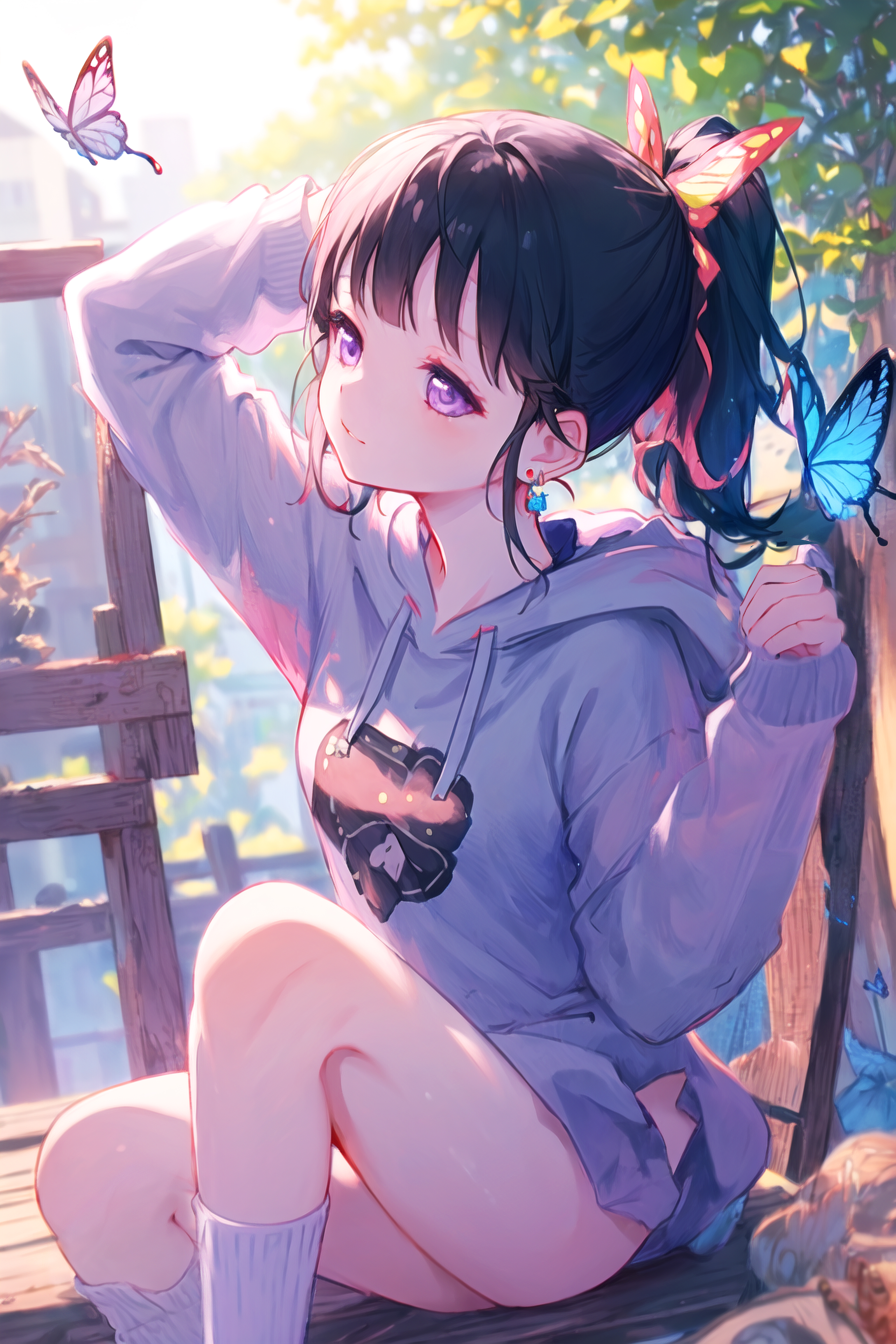 Anime Anime Girls Ponytail Purple Eyes Hoods Purple Hoodie Socks Looking Away Kimetsu No Yaiba Kanao 4096x6144