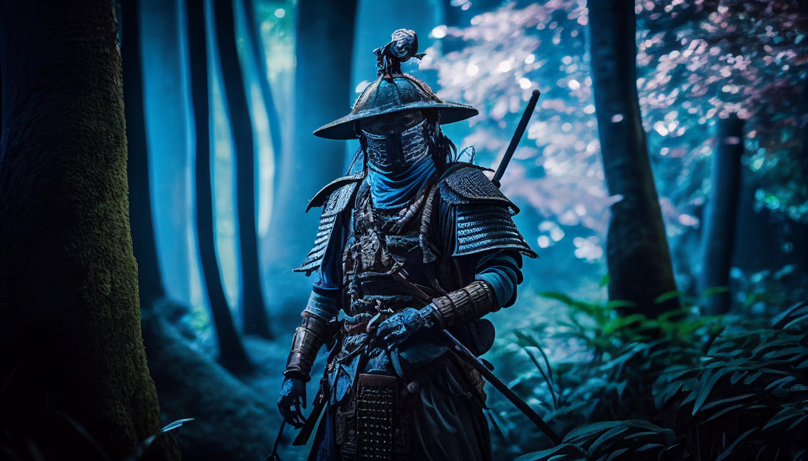 Samurai Forest Ai Art Armor Looking At Viewer Hat Helmet Trees Leaves 2688x1536