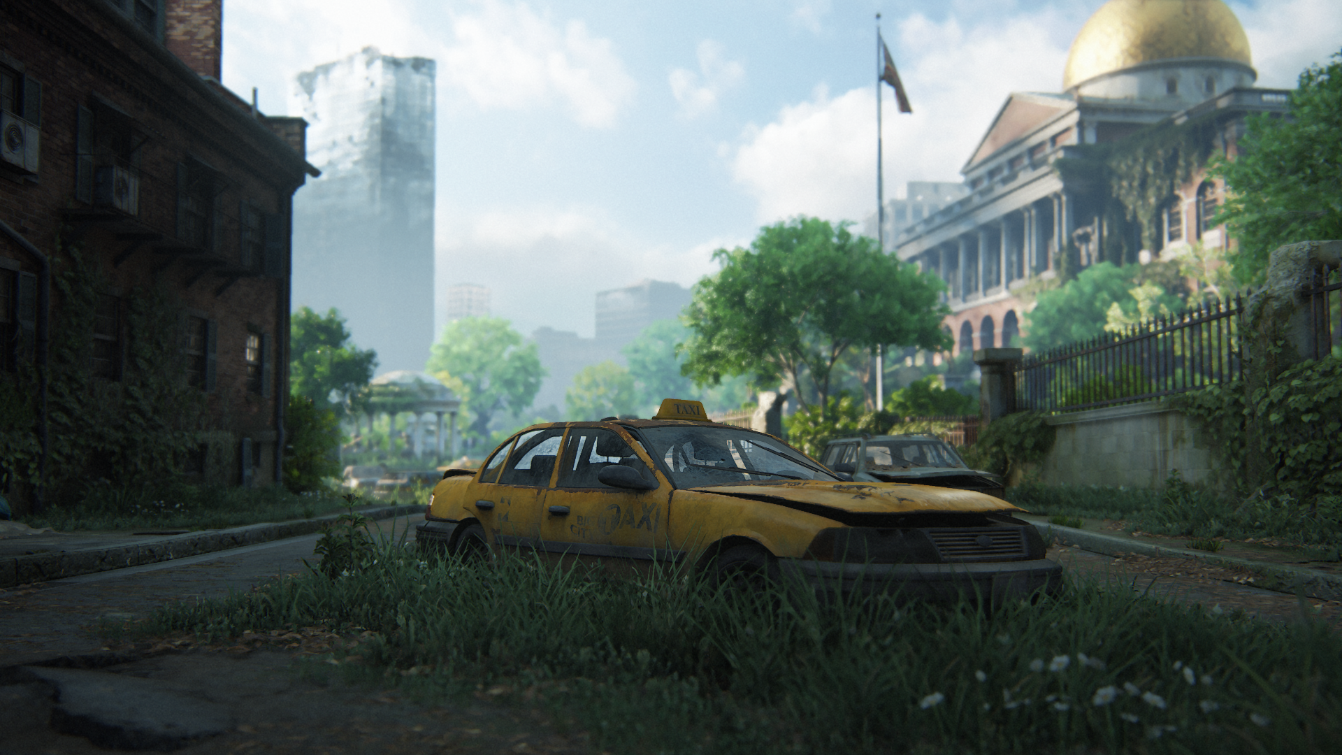 The Last Of Us Video Games PlayStation Taxi Car Building Clouds Sky Trees Grass Flowers CGi 1920x1080