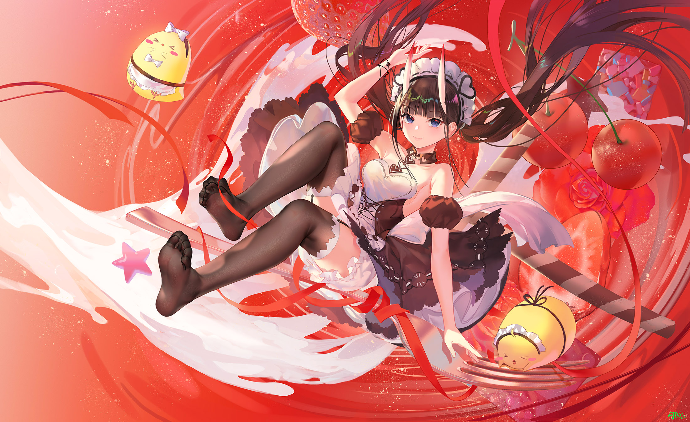 Atdan Anime Girls Horns Maid Maid Outfit Cherries Strawberries Fruit Fork 2200x1345