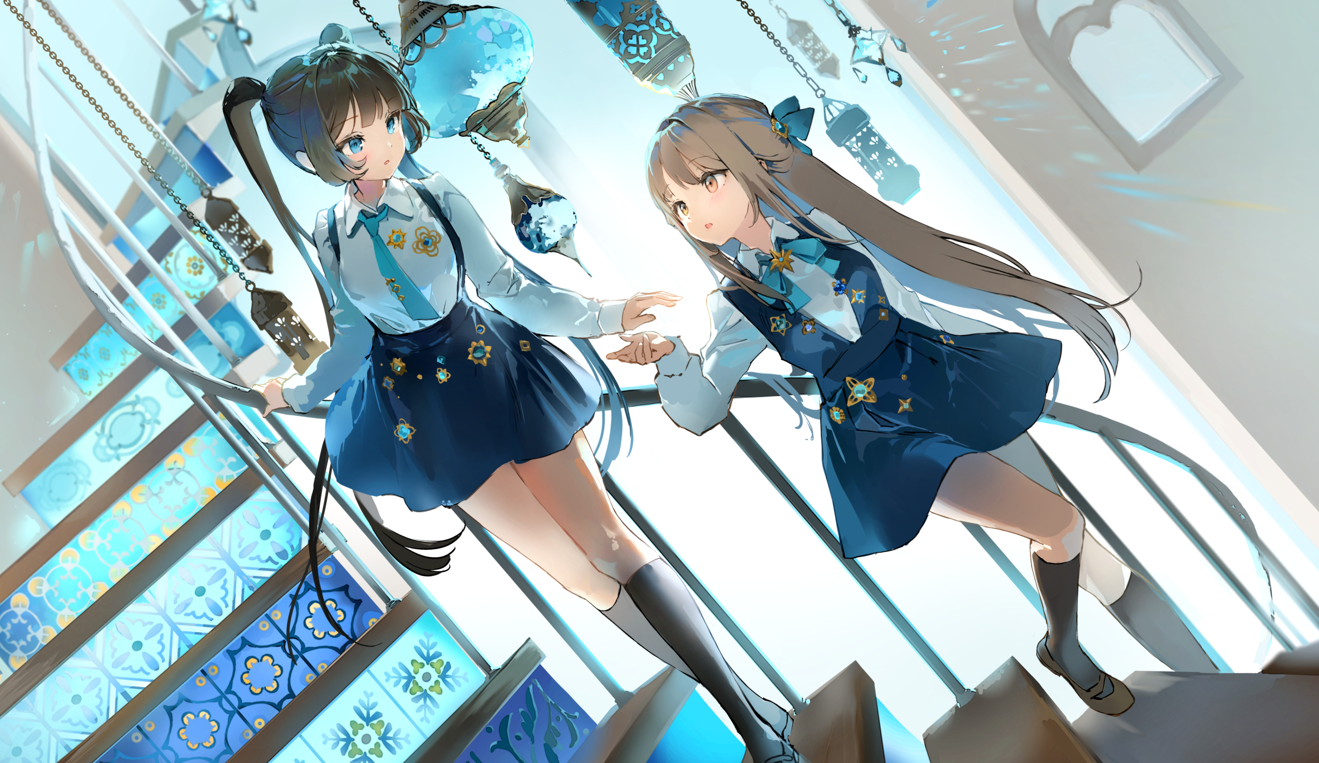 Anime Anime Girls Anmi Stairs Long Hair Thigh High Socks Schoolgirl School Uniform Tie Bow Tie 2573x1489