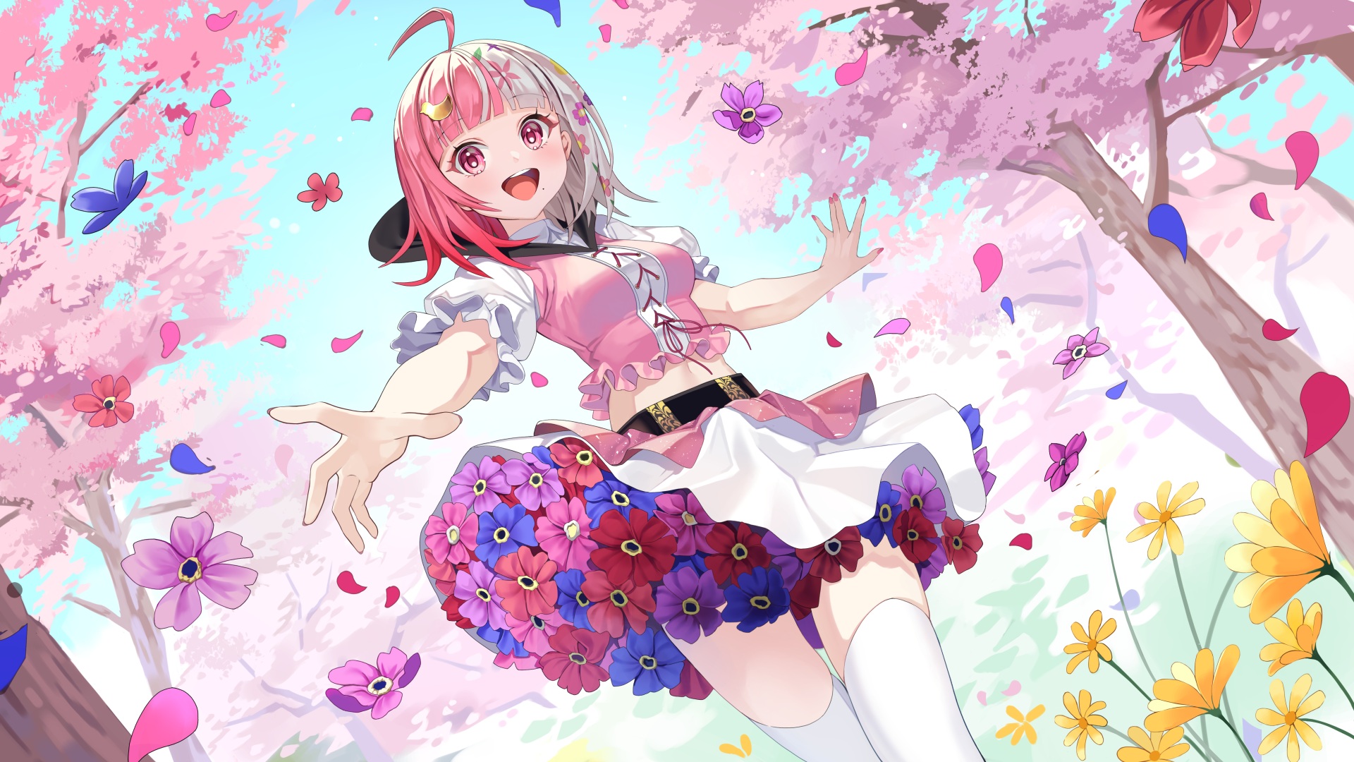 Anime Anime Girls Two Tone Hair Open Mouth Arms Reaching Flowers Petals Trees Dress Sky Looking At V 1920x1080