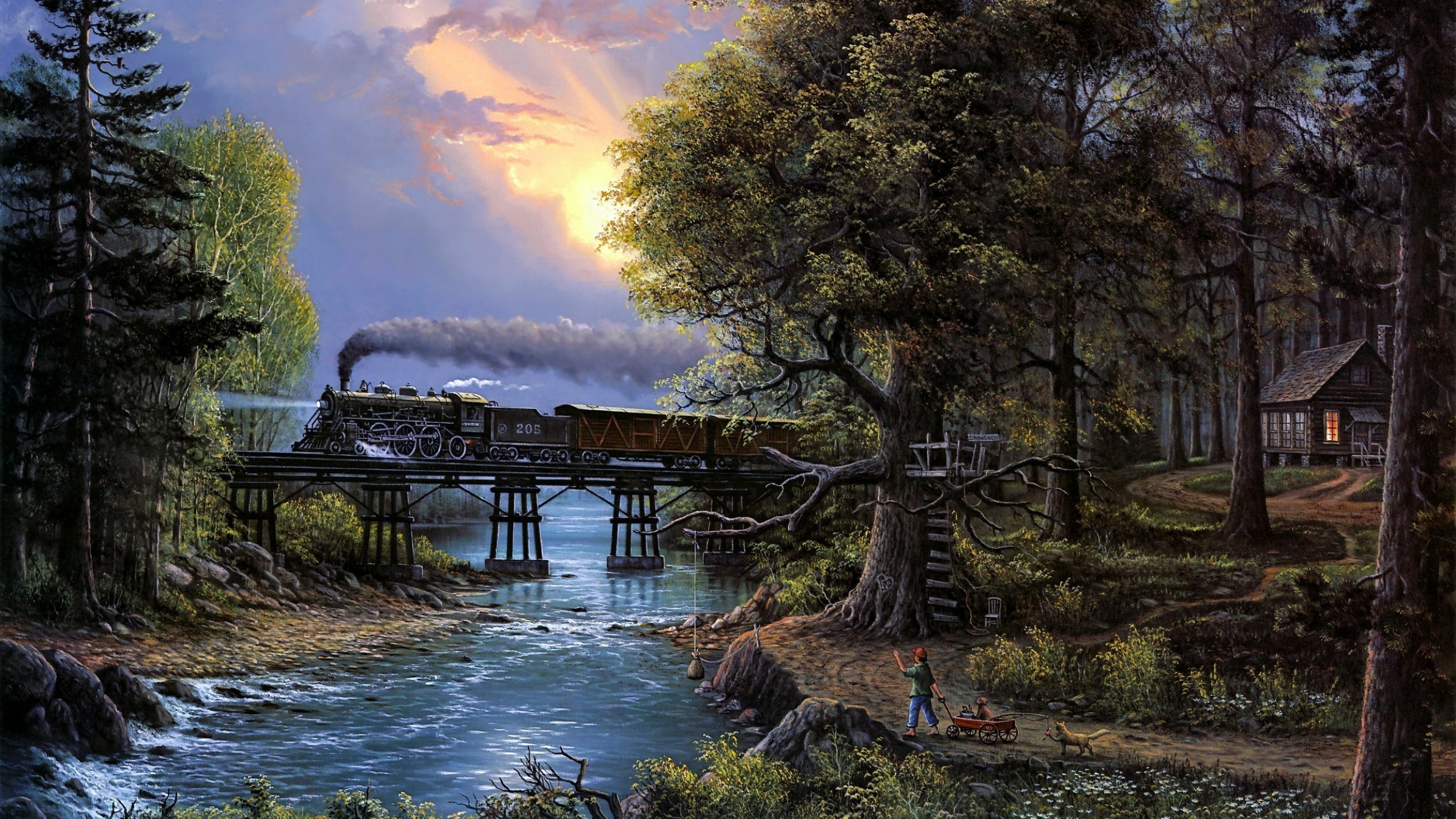Train Painting Artists Steam Locomotive Water Forest Trees Cabin Sunset Glow 2400x1350