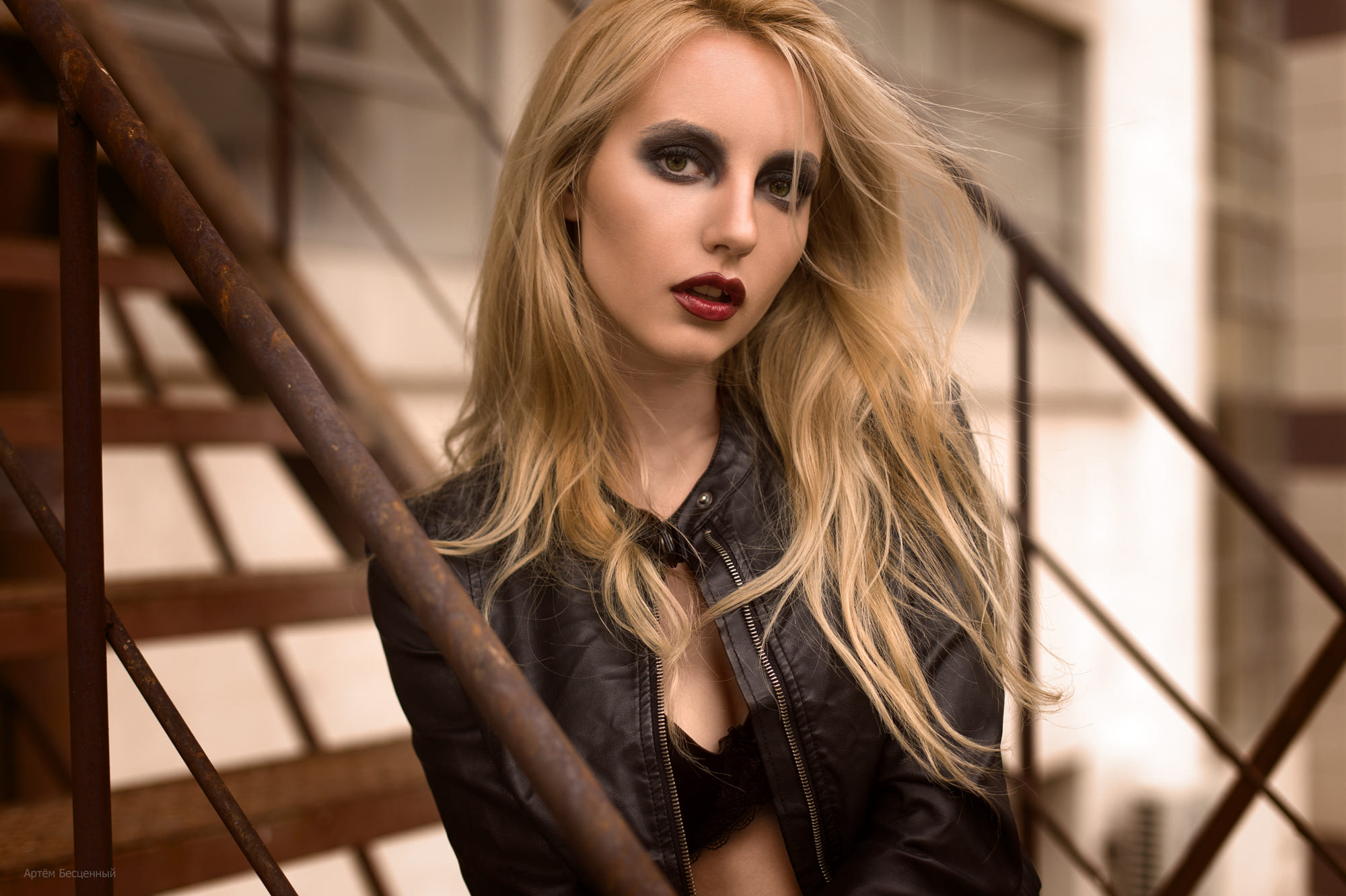 Blonde Jacket Leather Model Stairs Makeup 2000x1333