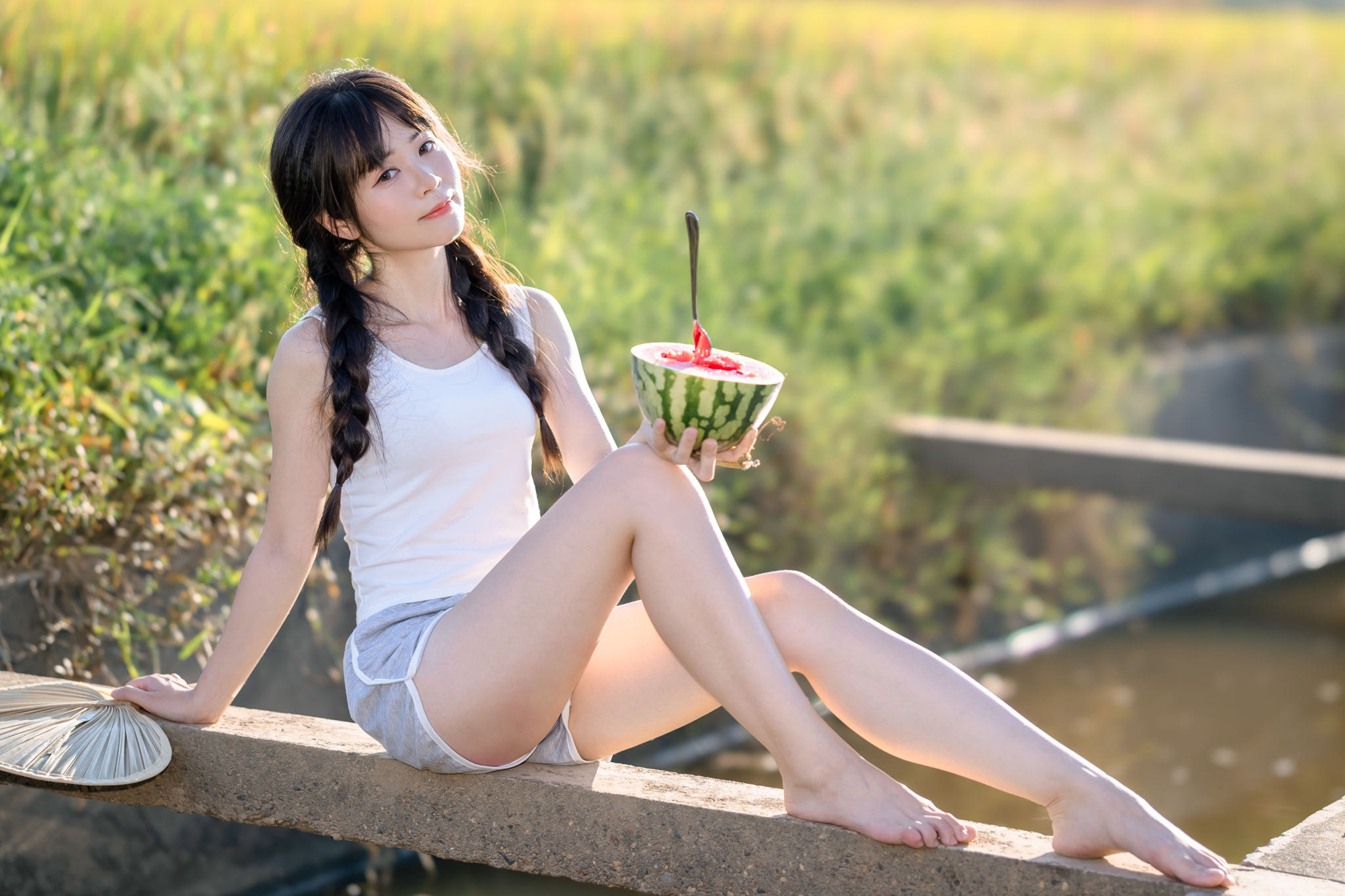 Three Portraits Studio Women Asian Dark Hair Twintails Braids Legs Barefoot Sunlight Watermelons Fru 2048x1365