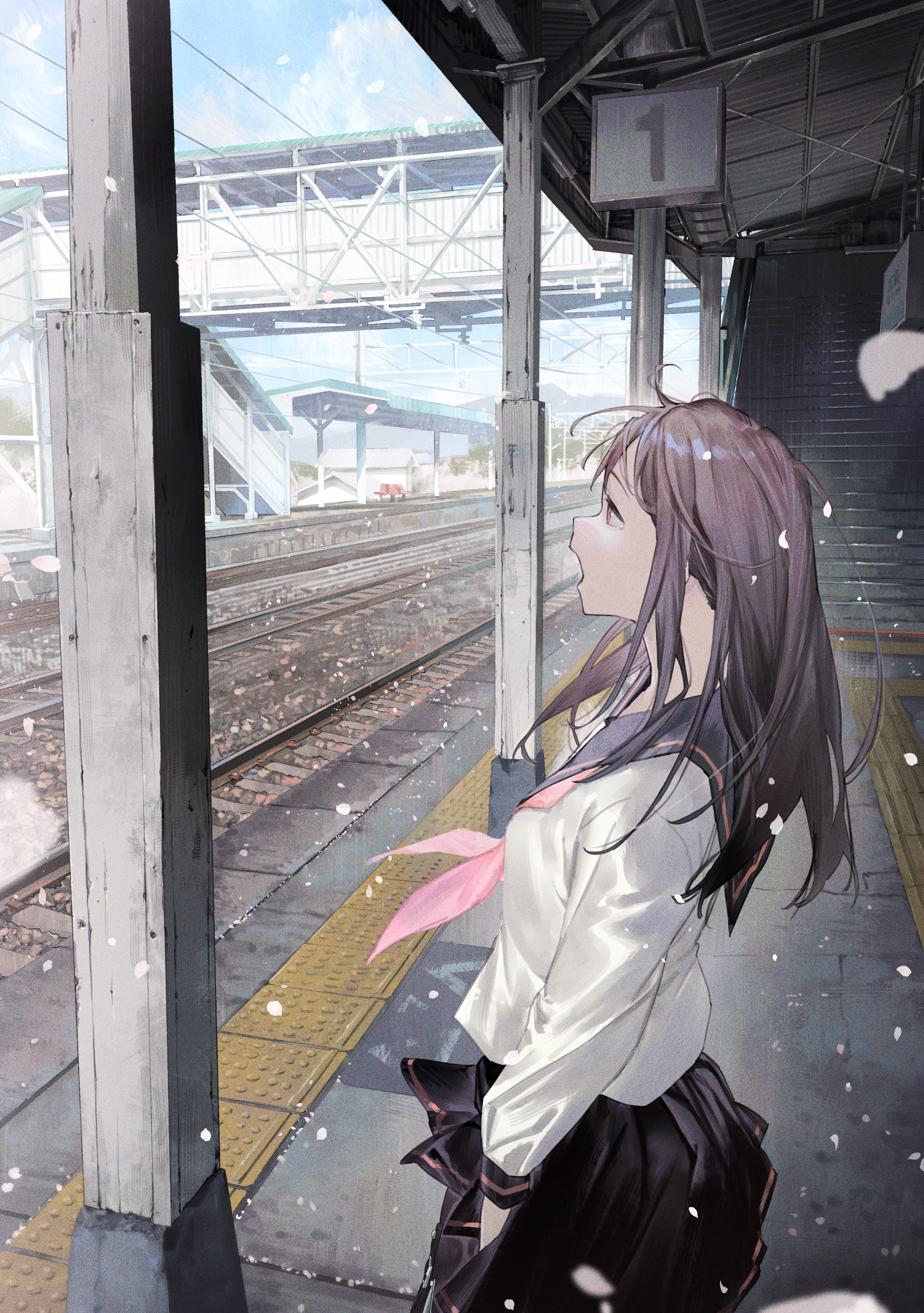 Matsukenmanga Anime Anime Girls Solo Standing Open Mouth Long Hair Brunette Train Station Ribbon Pin 2756x3917