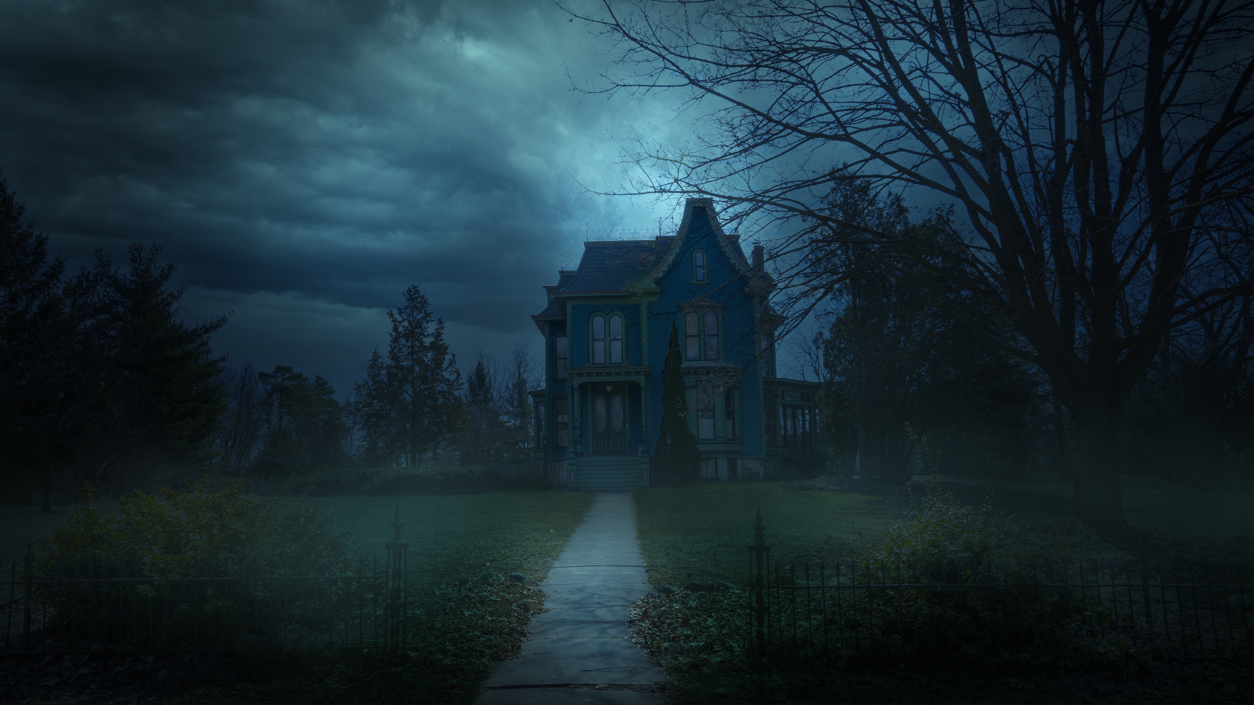 House Mist Trees Old Building Clouds Path Grass Sky Night Frontal View 4096x2305