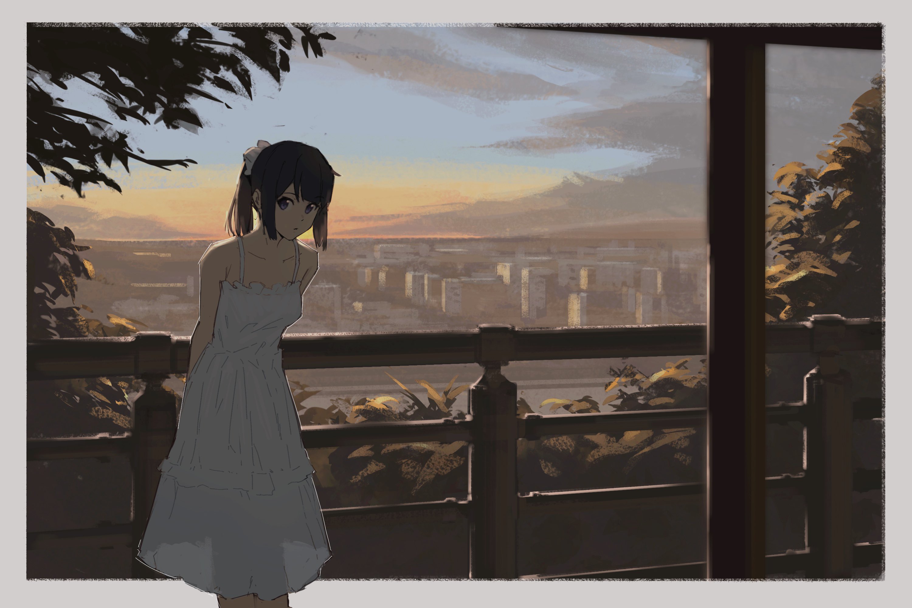Anime Girls Dawn City Looking At Viewer Sunset Sunset Glow Dress Ponytail 3000x2000