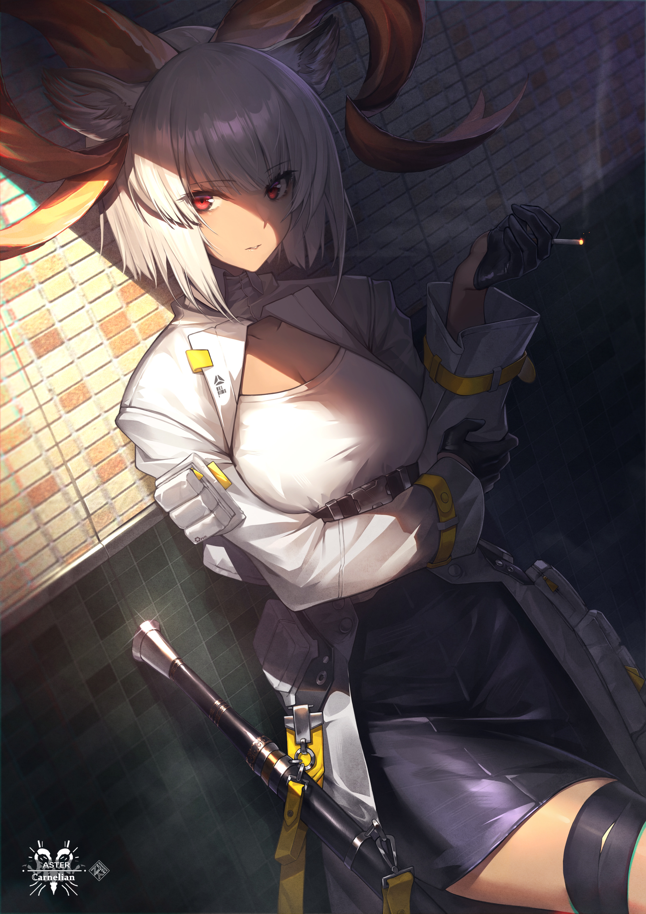 Carnelian Arknights Anime Girls Zettai Ryouiki White Hair Red Eyes Animal Ears Smoking Gloves 2480x3508