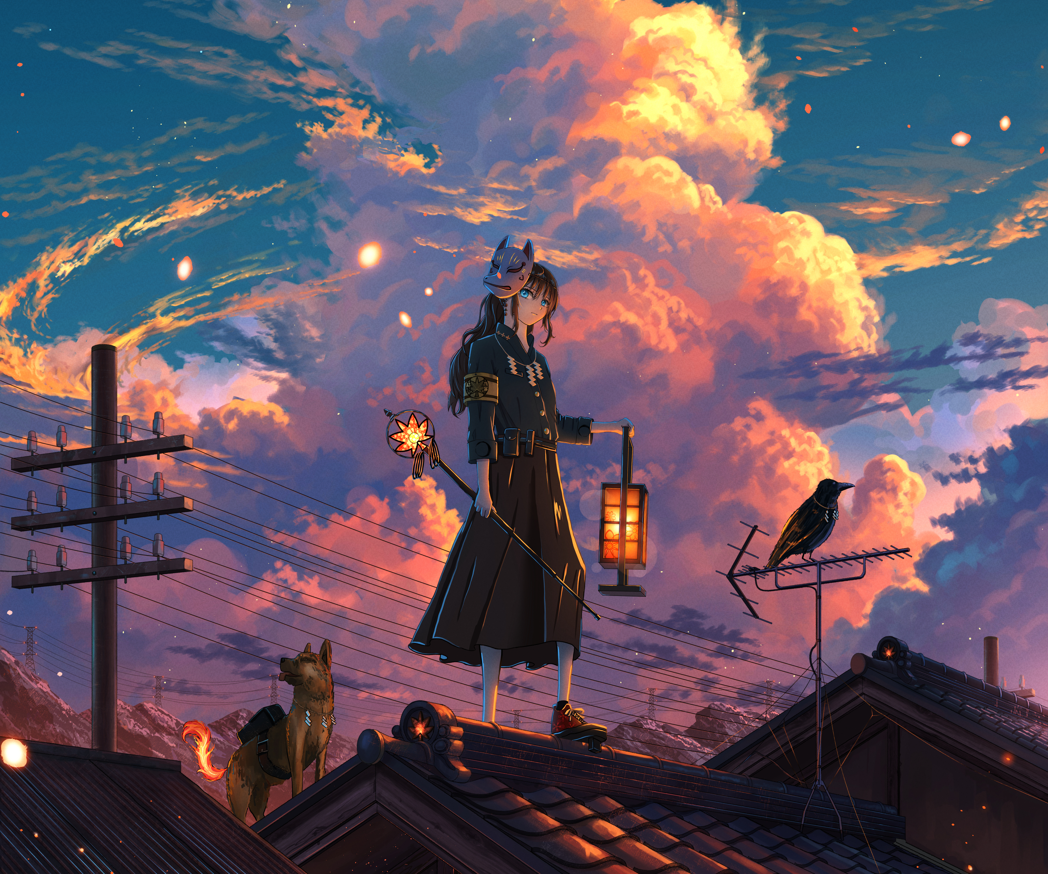 Anime Anime Girls Magic Sunset Mask Clouds Blue Eyes Dog 3632x3027